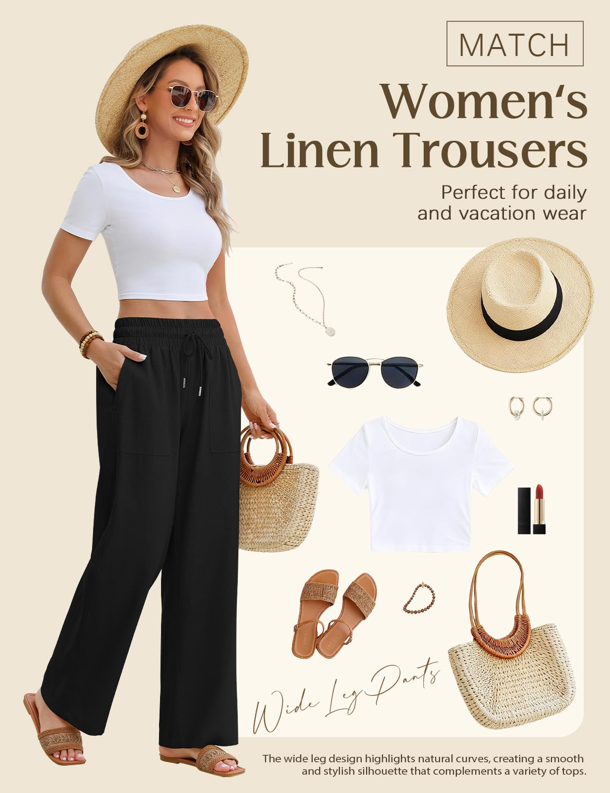 Pantalon Lin Femme Pantalon Large Été Elastique Taille Haute Pantalon Fluide Ample Décontractée Palazzo Pants Plage Pantalons Elegant avec Poches