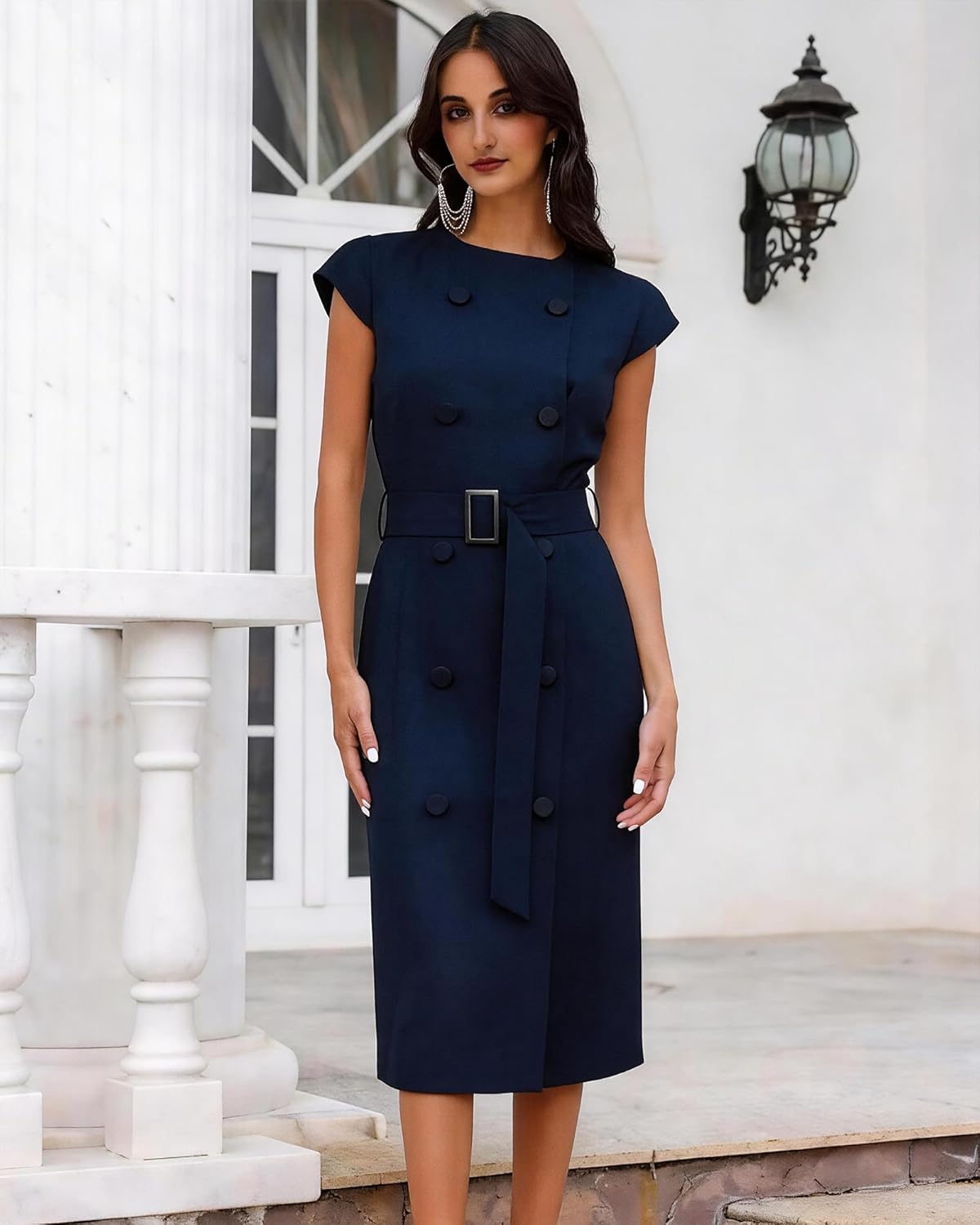 Women's Wear to Work Dresses with Belt, Business Office Button Dresses Cap Sleeve Sheath Midi Church Dresses