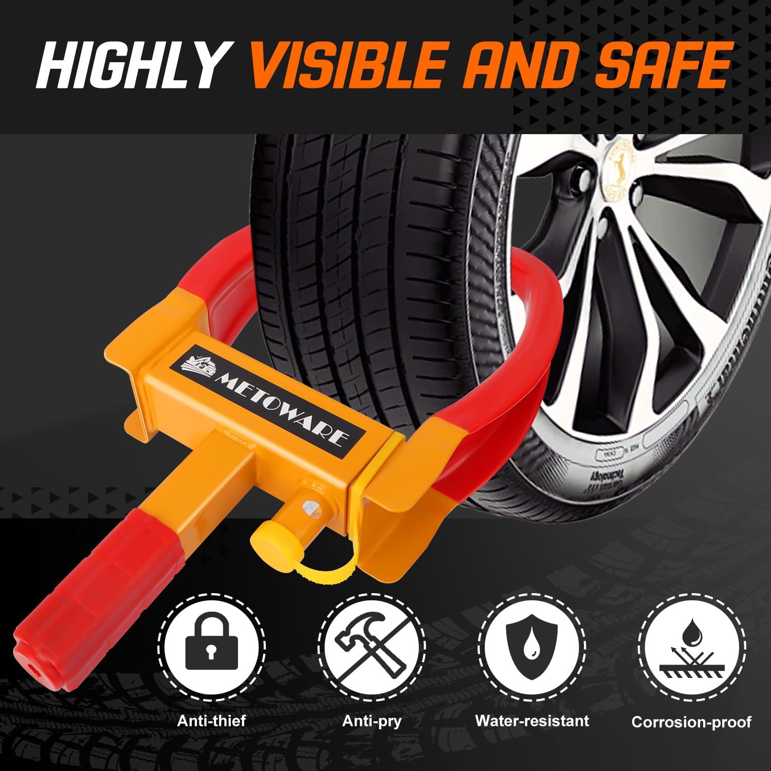 METOWARE Wheel Lock, Universal Trailer Wheel Lock, Adjustable Security Tire Boot Lock, Wheel Locks for Car Trailer SUV Boats ATV Golf Cart Red-Yellow (3 Keys)