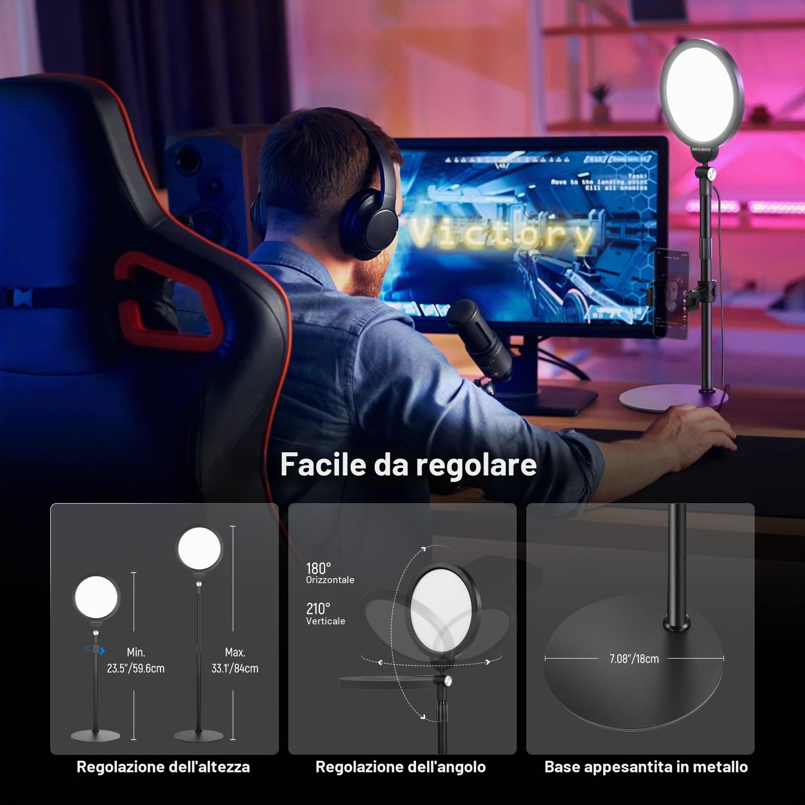 NEEWER BASICS 7” Ring Light da Scrivania (2pz) per Riprese Video, 10W Key Light a Schermo Intero Dimmerabile con Supporti e Portatelefono per iPhone Computer Laptop Vlog Streaming Videoconferenza, R06