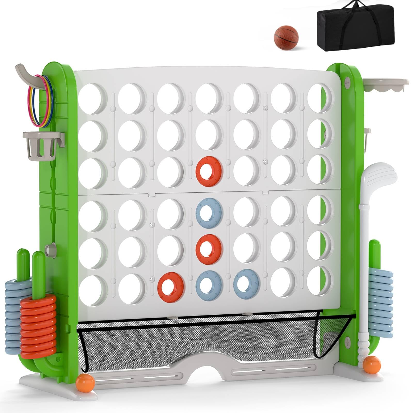 GYMAX Giant 4 in a Row Game, Jumbo Connect 4 Games with 42 Chess Rings, 3 Toss Rings, Basketball Hoop and Carrying Bag, Outdoor Indoor 4 to Score Game for Kids Adults Family (Green+White)