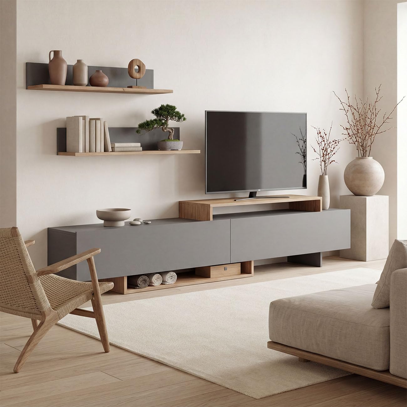 duehome | Mueble de Salón, Composición Modular de TV, Modelo: Bender 200, Acabado en Gris Grafito y Alpino, Medidas: 200 cm (Largo) x 33 cm (Fondo) x 46 cm (Alto)