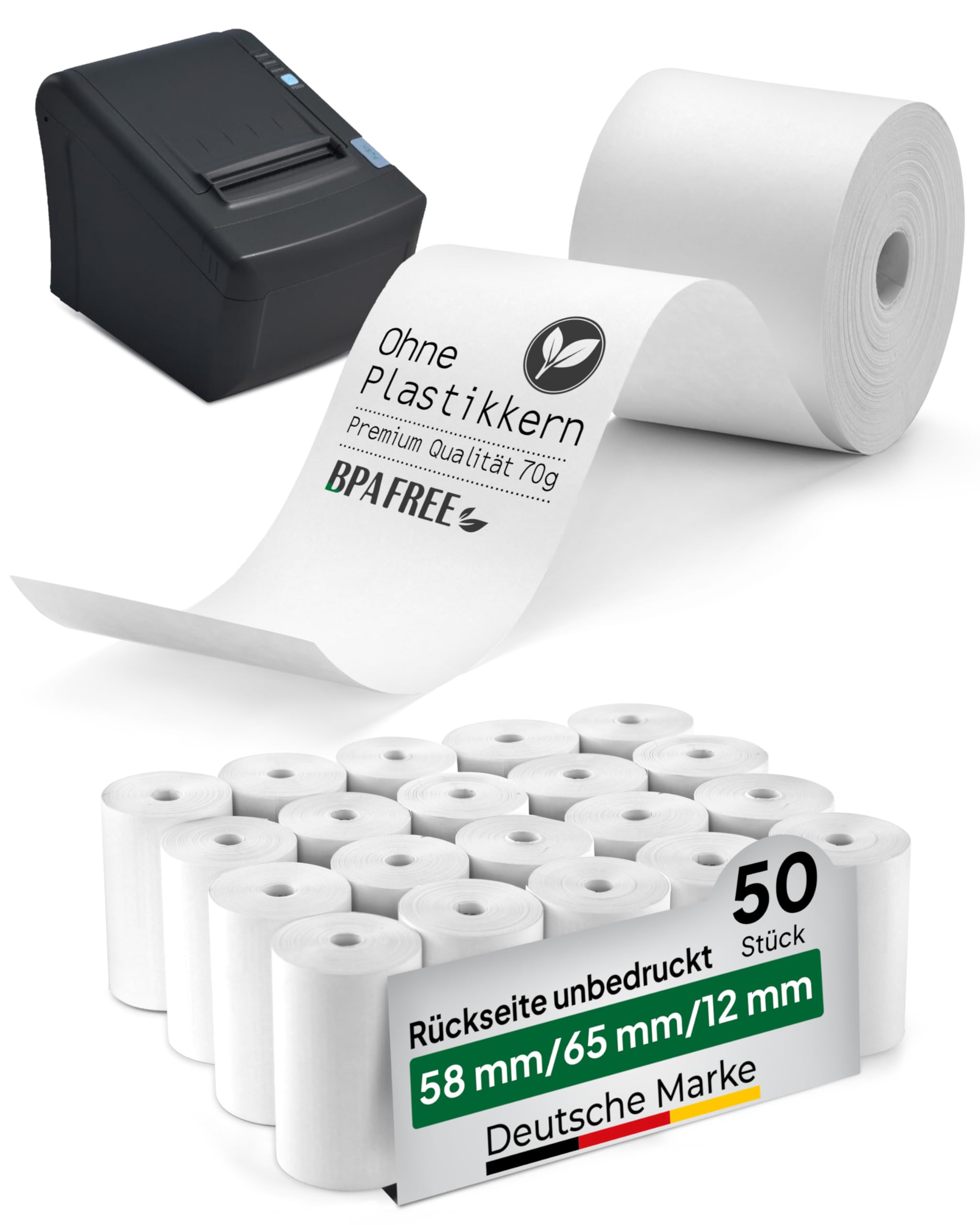 coreless - 50 Thermorollen 58mm x 65mm x 12mm ohne Plastikkern - Rolle aus Thermopapier