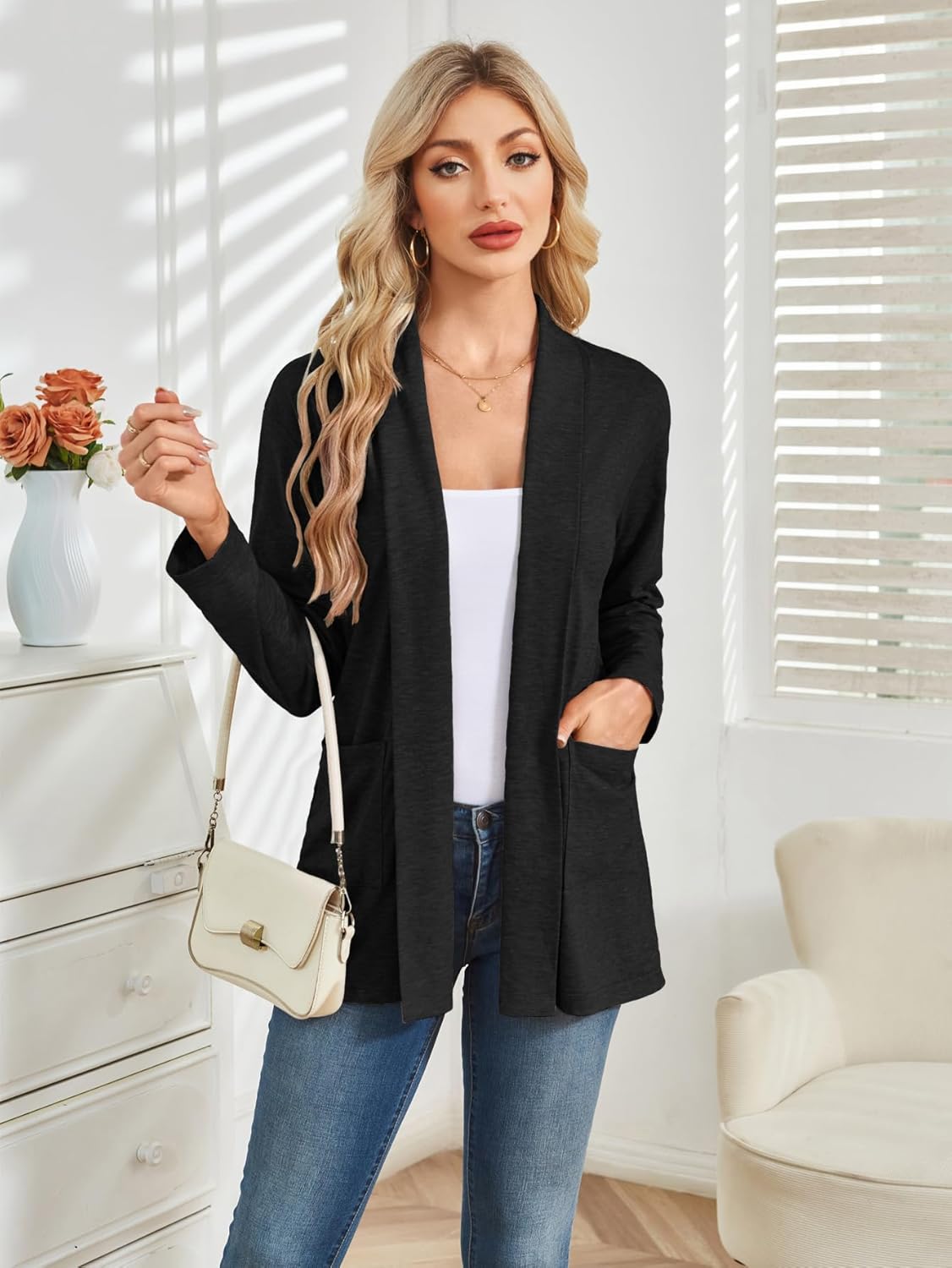 Besshopie Women's Lightweight Cardigan Long Sleeve Open Front Fall Sweater Dusters Shrugs with Pocket - Image 8