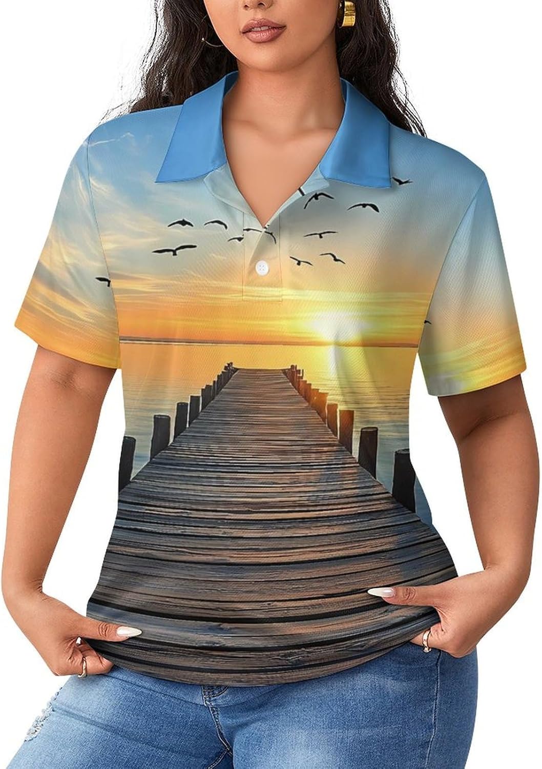 Wooden Pier Ocean Sunset Women's Golf Polo Shirts Short Sleeve Quick Dry Tennis Tops Casual Work Blouses