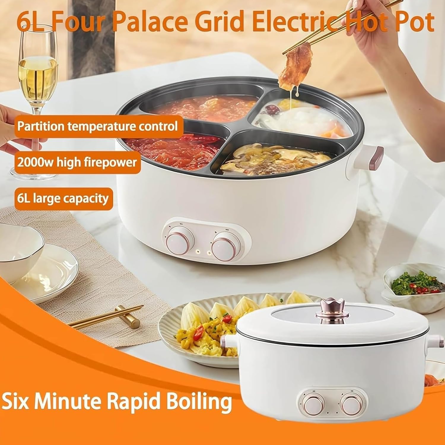 Olla De Cuatro 4 Compartimentos, Multifunctional Four Grid Electric Cooker, 4 Compartment Multifunctional Integrated Stew Hot Pot, 6l Large Capacity 4 Flavors for Family Gatherings(1pc)