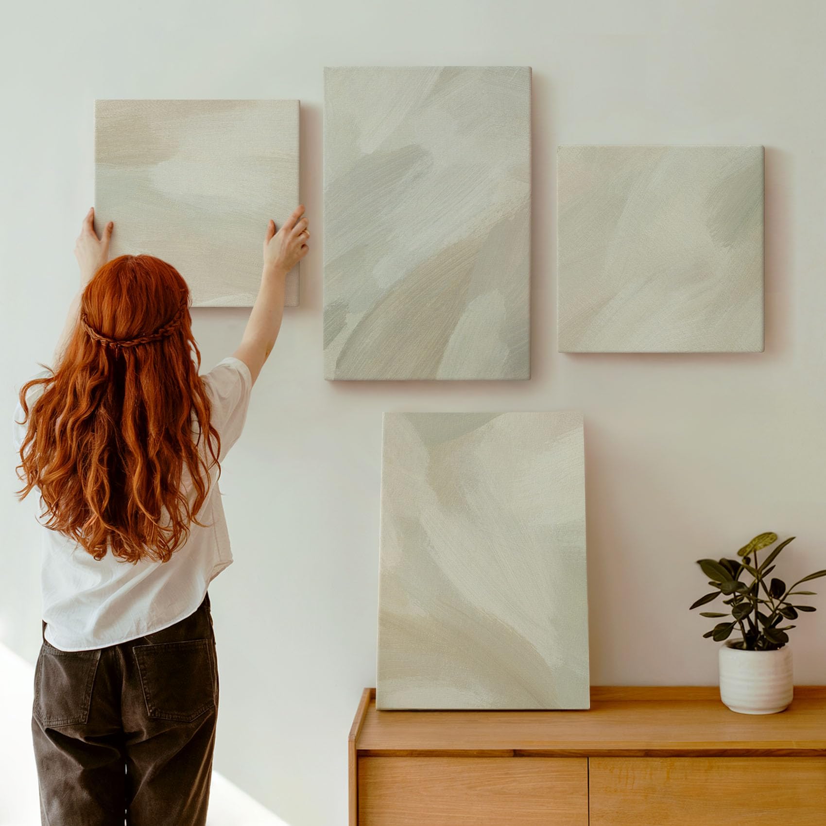 Wallfluent Decoración Pared 40x40 x 60x40 cm Set de 4 Cuadros en Lienzo – Estilo Moderno para Hogar Salón Dormitorio – Pinceladas abstractas sobre lienzo