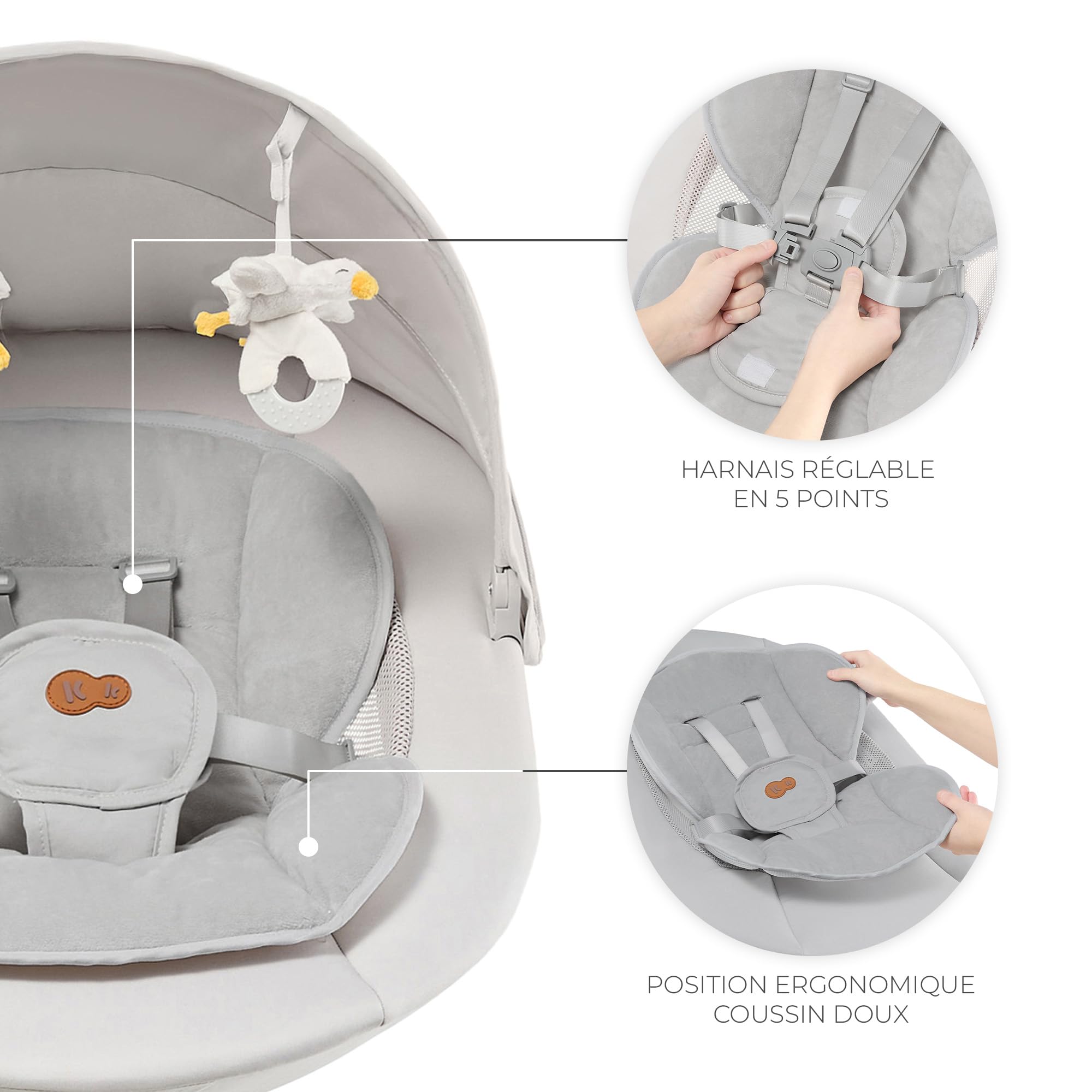 Kinderkraft TULSY Transat électrique, 5 niveaux d'intensité, 12 mélodies préréglées, jouets amovibles, réglable, léger, Bluetooth et USB, harnais 5 points, Beige