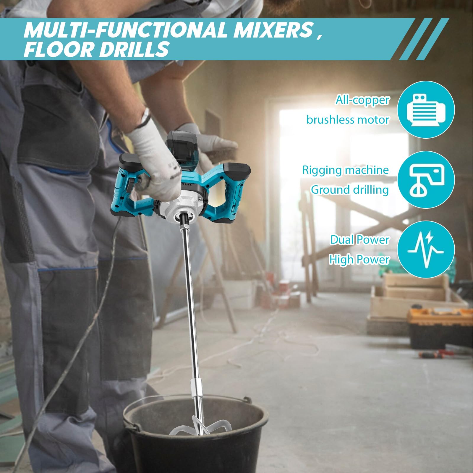 Agitatore per malta a batteria, compatibile con batteria Makita, 3200 W, multiuso, mixer per calcestruzzo senza brushless con aste di miscelazione, testa di miscelazione, chiavi e guanti (max 680 giri