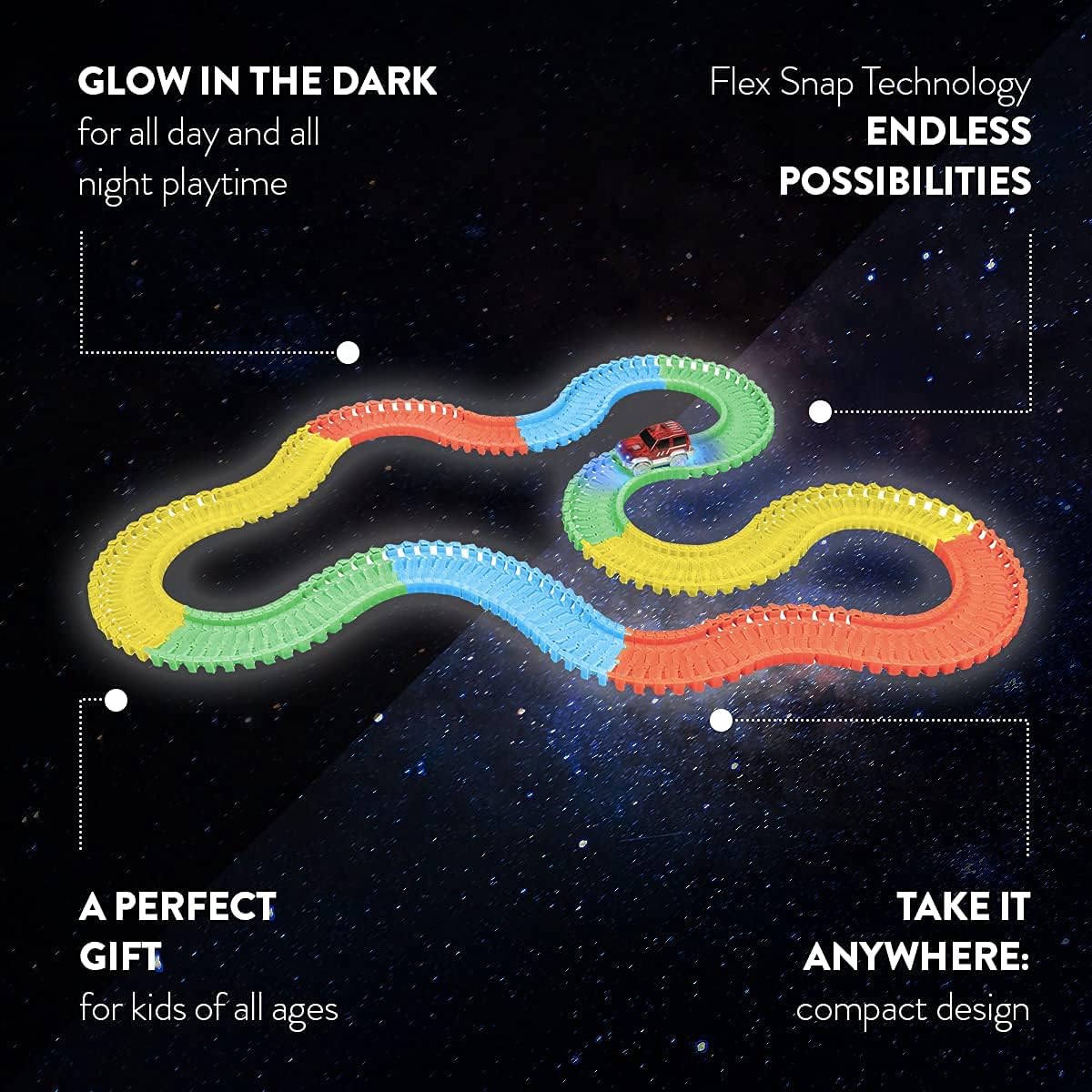 World Tech Toys Galaxy Flex-Track 220Piece Glow Track with Electric Led Light Car