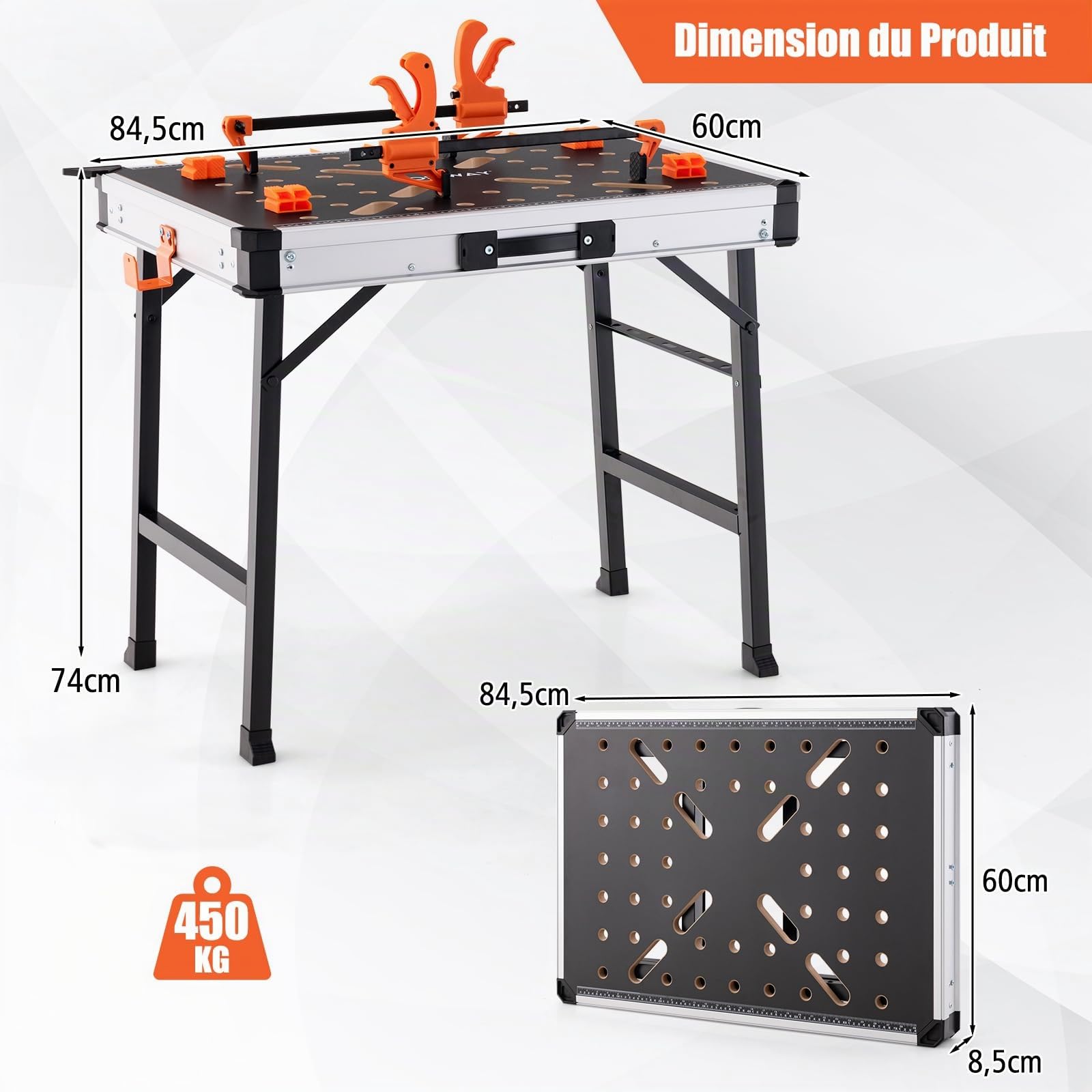 GYMAX Établi Pliable,Travail de Travail Multifonctionnel, Chevalet de Sciage avec Poignée Portable, Plateau Combinable, Charge 454 kg, pour Mesure/Travail du Bois/Réparation