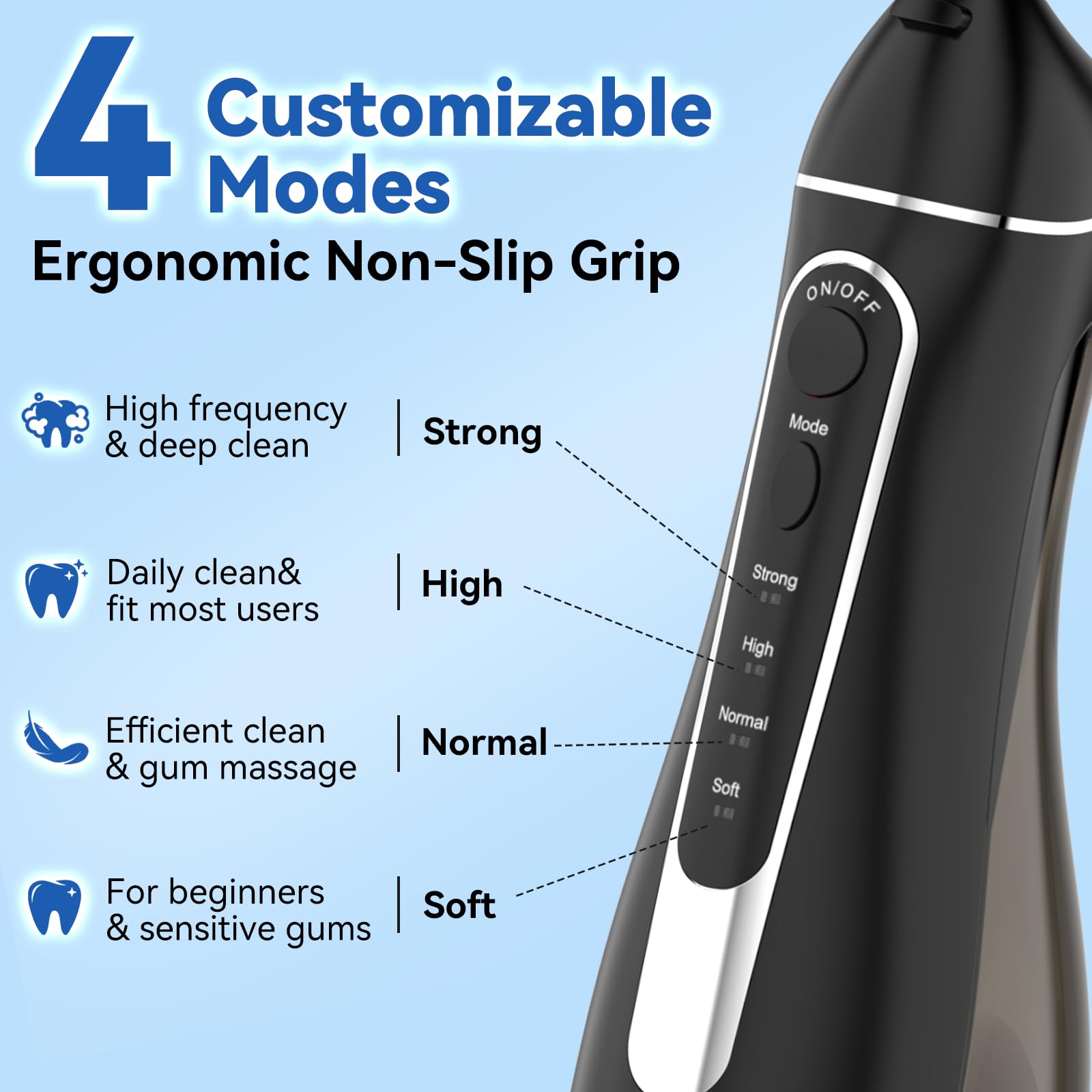 Condition photo showing New/Like New for cordless portable water flosser with 300ml tank: rechargeable oral irrigator with 5 tips for travel, braces care and sensitive gums, ipx7 waterproof teeth cleaning device(black)