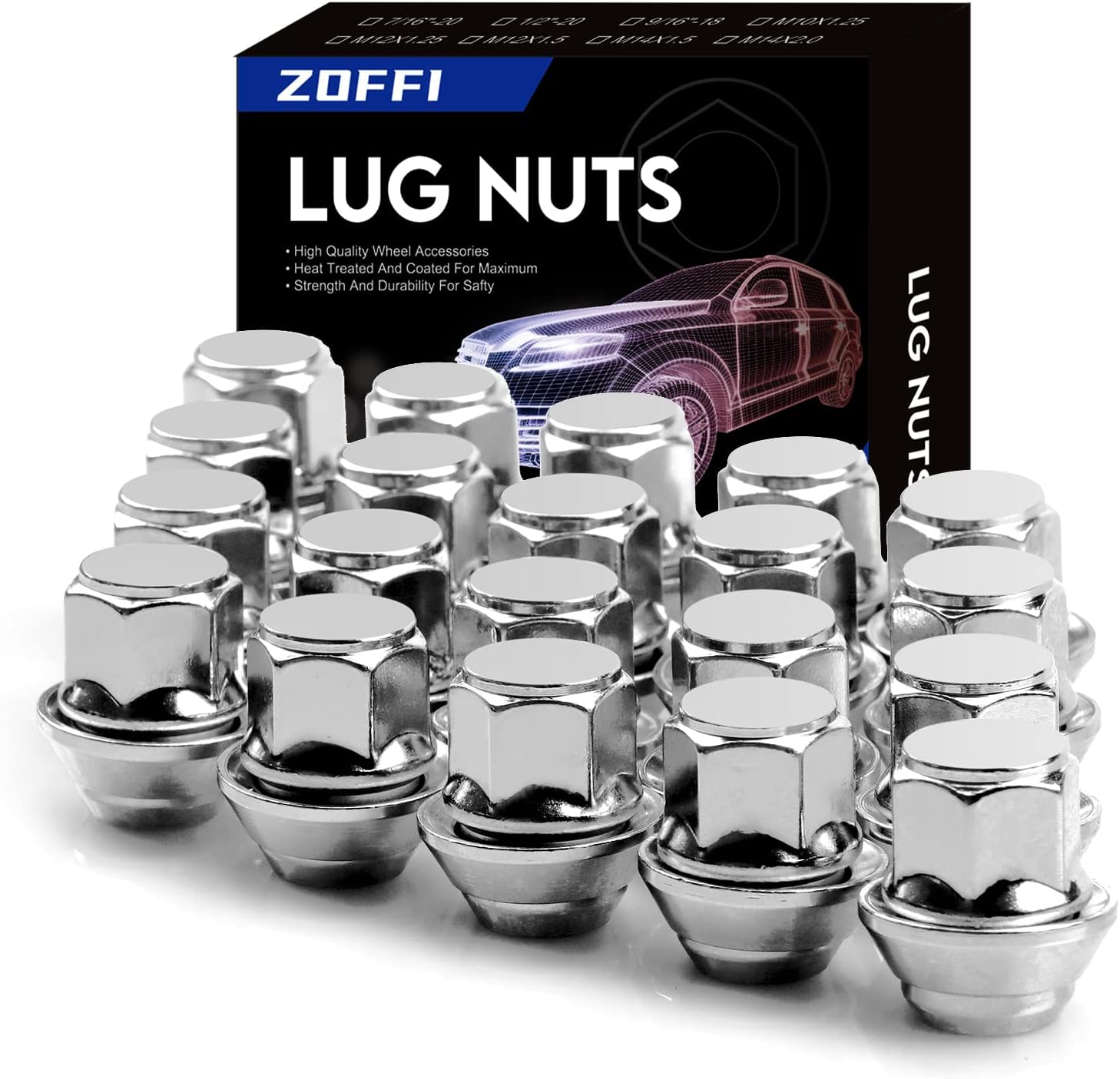 ZOFFI M12x1.5 Chrome OEM Factory Style Large Acorn Seat Lug Wheel Nuts for Most Ford Fiesta Focus Fusion Alloy Wheels - 20pcs Chrome Closed End M12x1.5 Lug Nuts