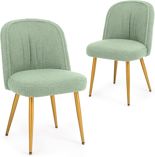 Miniatura 8 de Juego de 2 sillas de comedor, modernas de lana de cordero, sillas de cocina tapizadas gruesas, silla de cena Boucle Sherpa con patas doradas