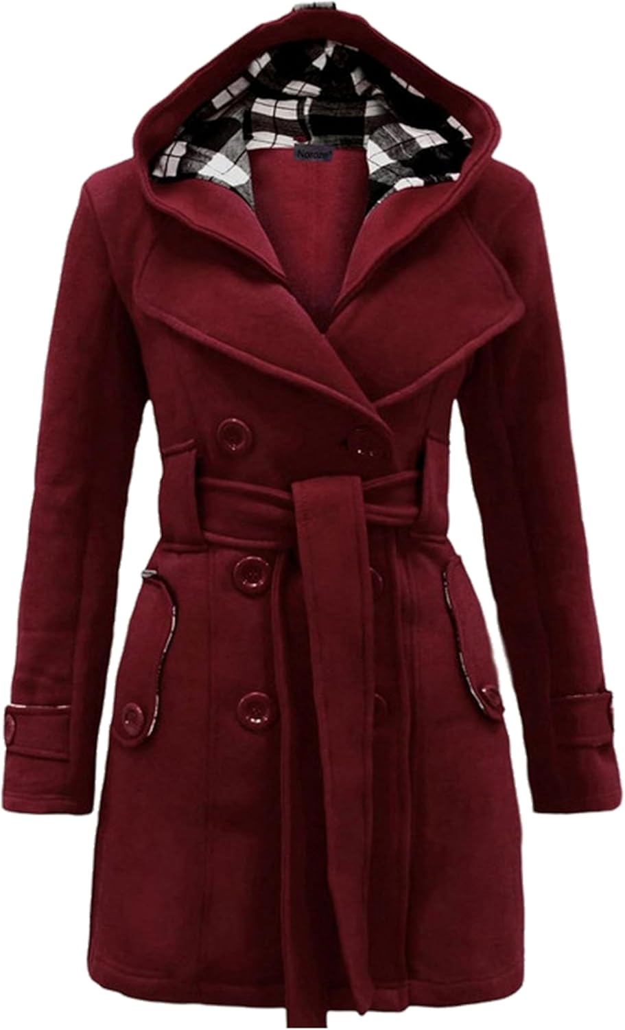 EFOFEI Women Hooded High Waist Autumn Trench Coat Warm Wool Blend Jacket Work Casual Pea Coat