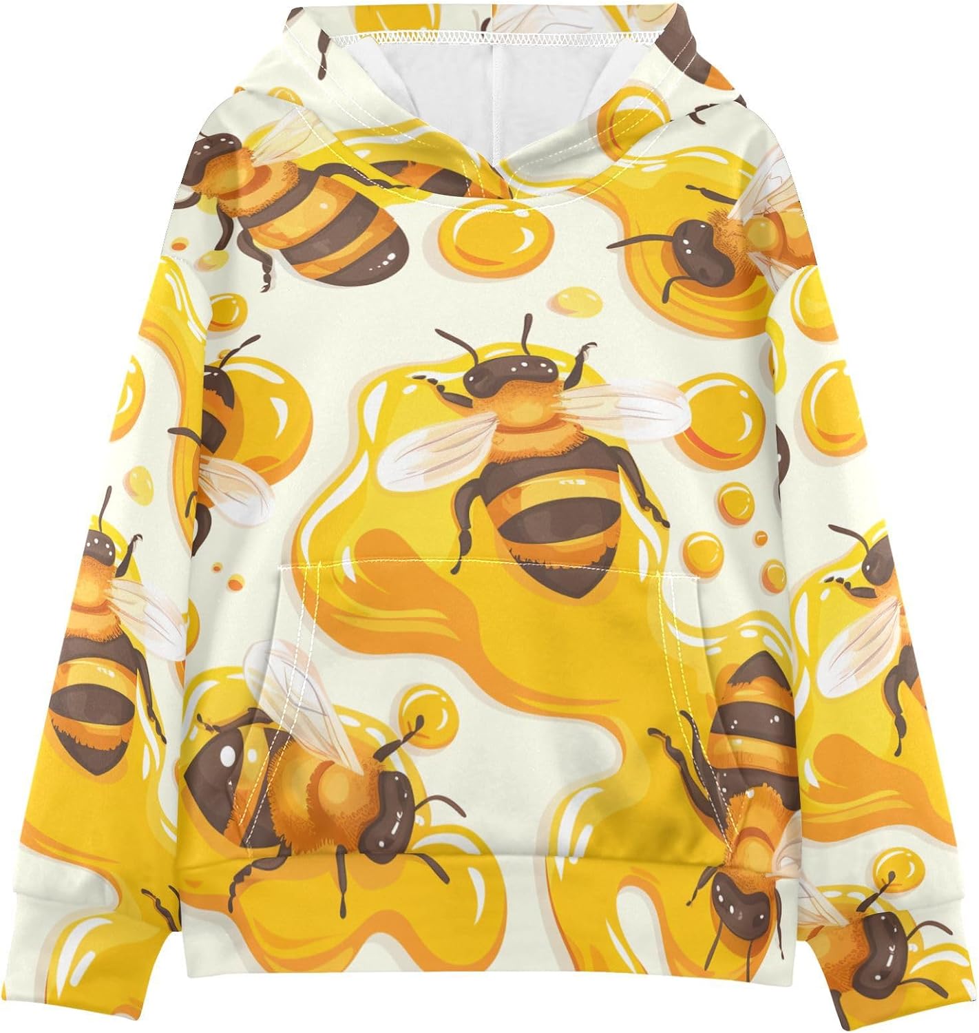 ZZXXB Bee Honey Print Kids Sweatshirts Boys Girls Hooded Kangaroo Pocket Pullover Tops XS-XXL