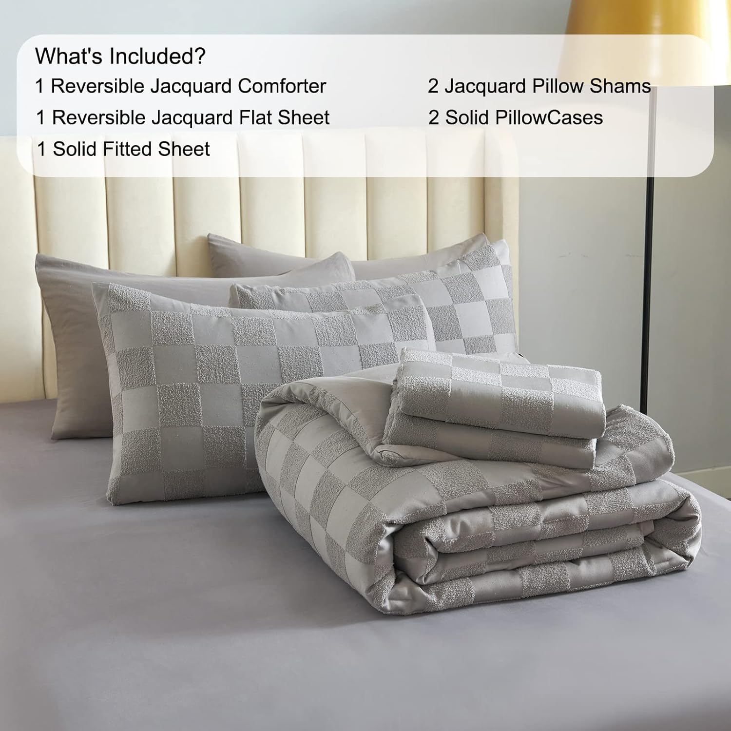 7 Pieces Grey Queen Comforter Set, Boho Tufted Bed in a Bag, Checkered Farmhouse Shabby Chic Soft Bed Set, All Season Plaid Comforter with Sheets, Pillowcases & Shams