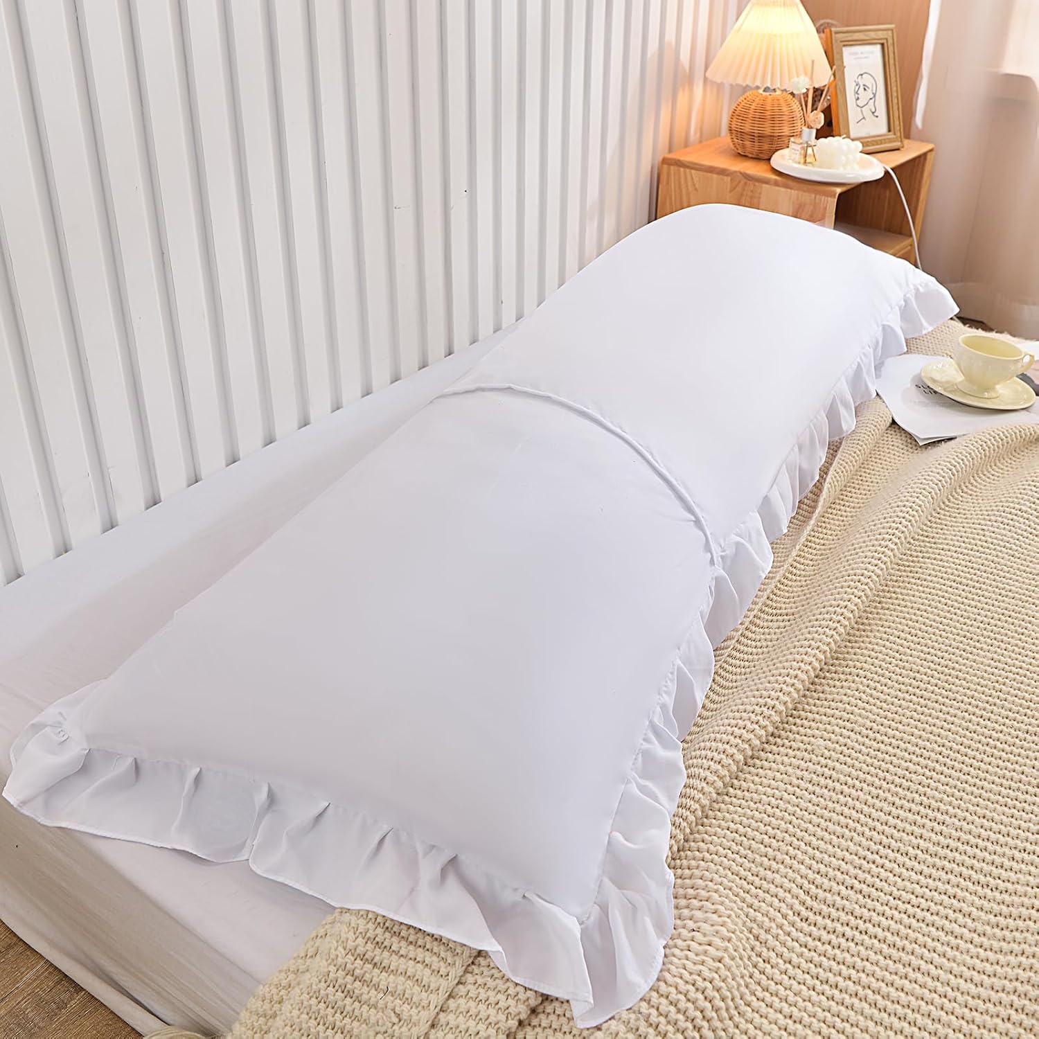 Nanko Body Pillow Case Cover 1 Pack 20x54, White Ruffled Boho Soft Shabby Chic Microfiber Extra Long Decorative Pillow Covers/Pillow Shams, Comfortable Body Pillowcase for Women Men
