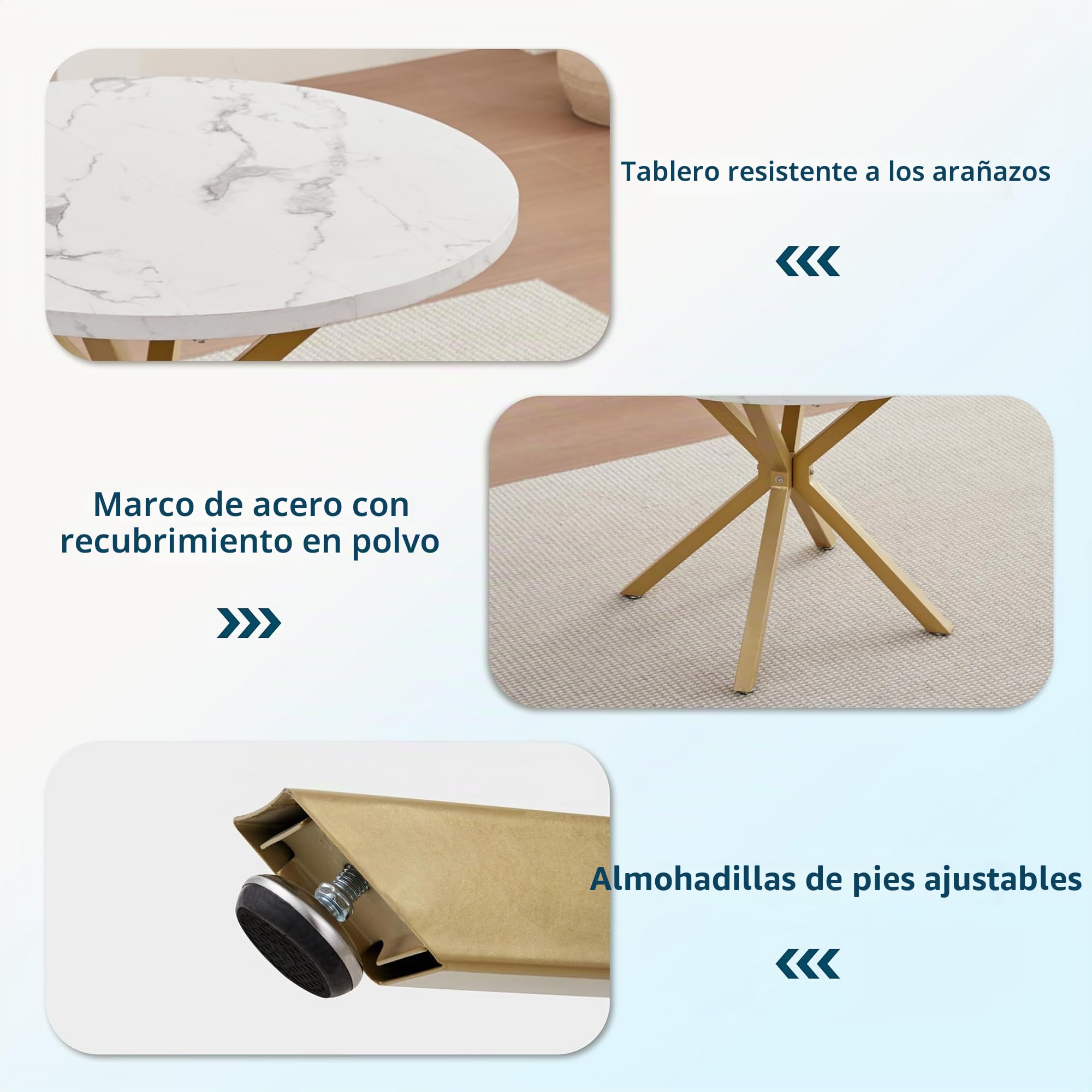 Mesa de Comedor, Mesa de Cocina Redonda, Mesa Redonda Moderna, Tablero de MDF Grueso y Patas de Metal, para Sala de Estar, Comedor, Blanco+Dorado