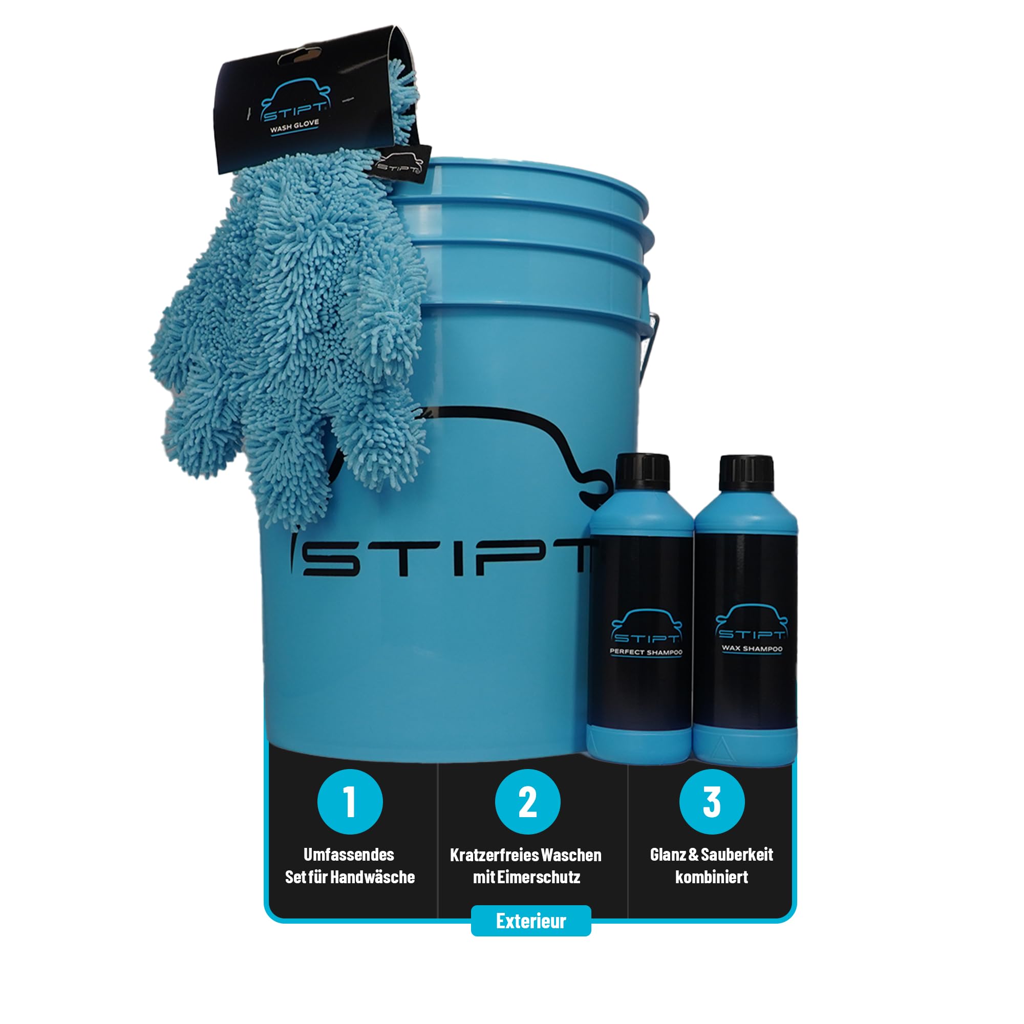 Basic Wash Package - Autowaschset mit Grit Bucket, Perfect Shampoo, Wax Shampoo und Wash Glove - Komplettset für die manuelle Autowäsche