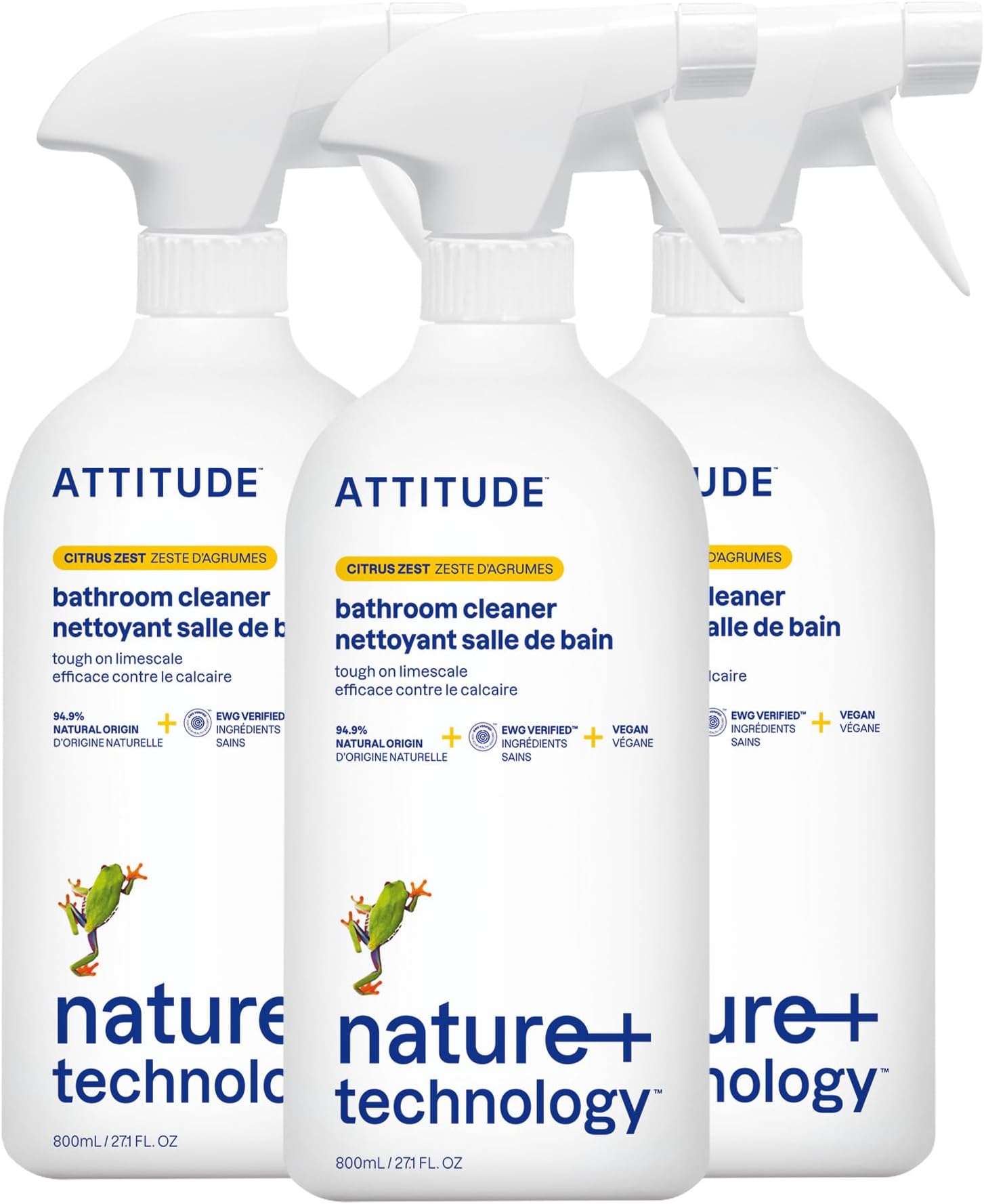 ATTITUDE Bathroom Cleaner Spray, EWG Verified, Plant-Based & Vegan, Safe for Bathroom Surfaces, Tiles, Tubs, Shower Walls, and Grout, Citrus Zest Scent, 27.1 Fl Oz (Pack of 3)