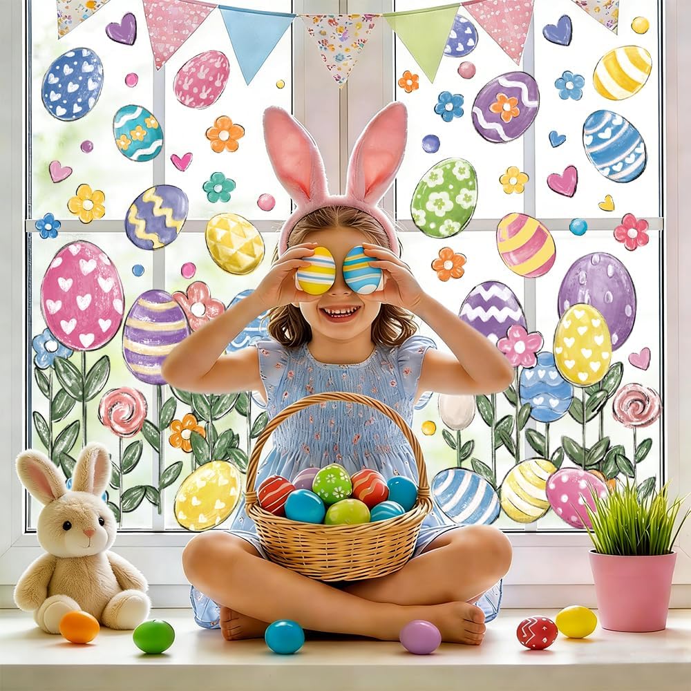 DIYDEC 6 Sheets Large Easter Window Clings Happy Easter Eggs Window Decals Oil Painting Eggs Flowers Stickers for Holiday Home Office School Party Gifts Decor Spring Glass Decoration