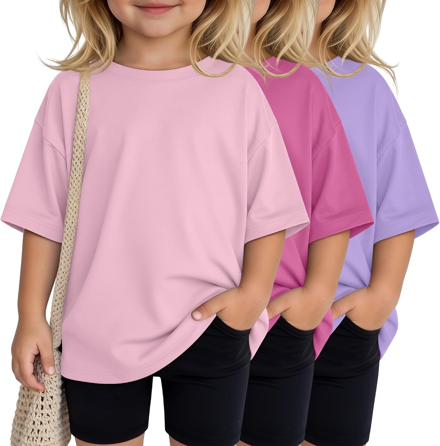 3 Pack Toddler Girls Oversized Shirts Baby Crewneck Short Sleeve Tops Kids Summer Loose Fit Basic Tees Ages 18M-5T
