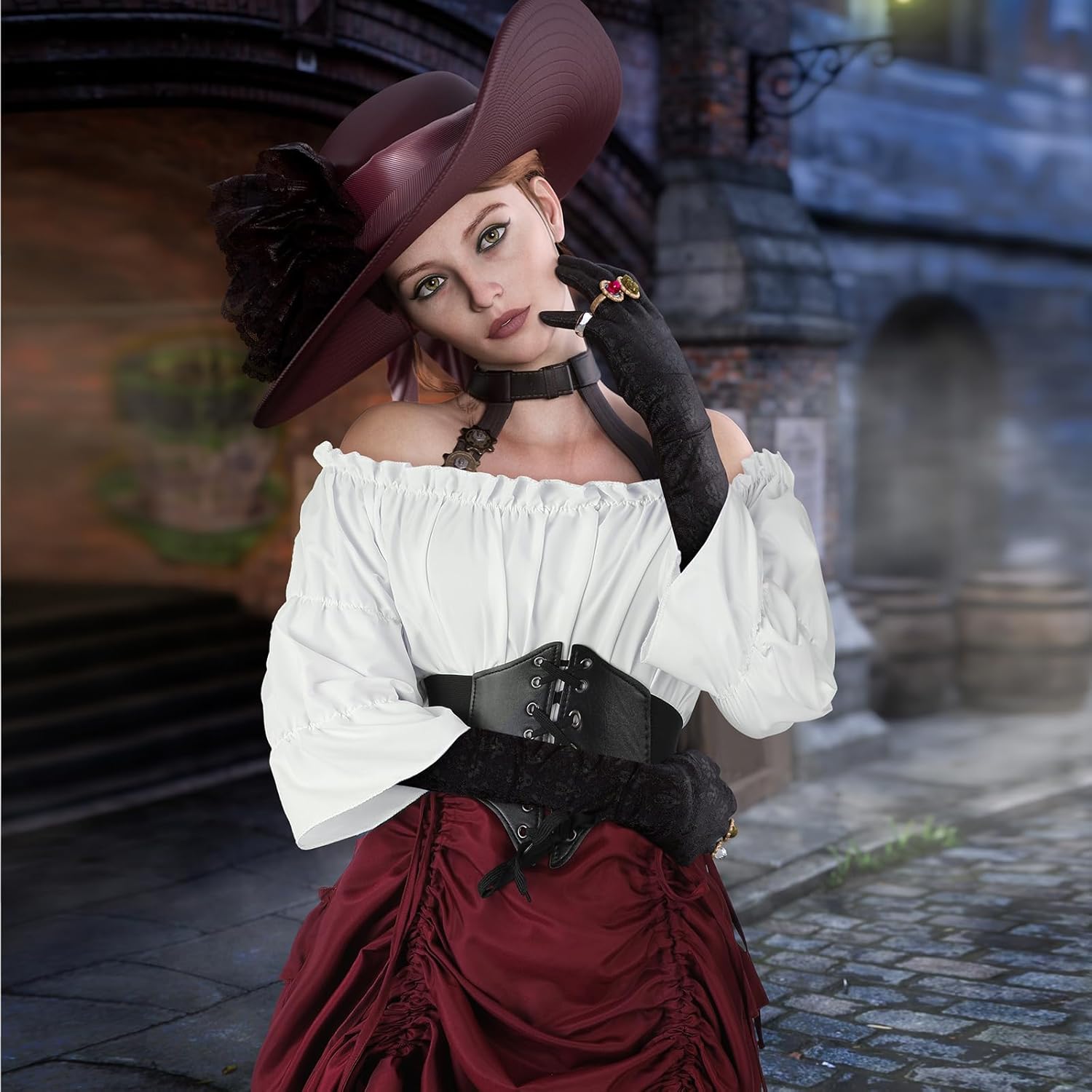 Suhine 3 Pcs Renaissance Pirate Costume Women Medieval Victorian Outfit High Low Skirt Blouse Top Viking Corset - Image 6