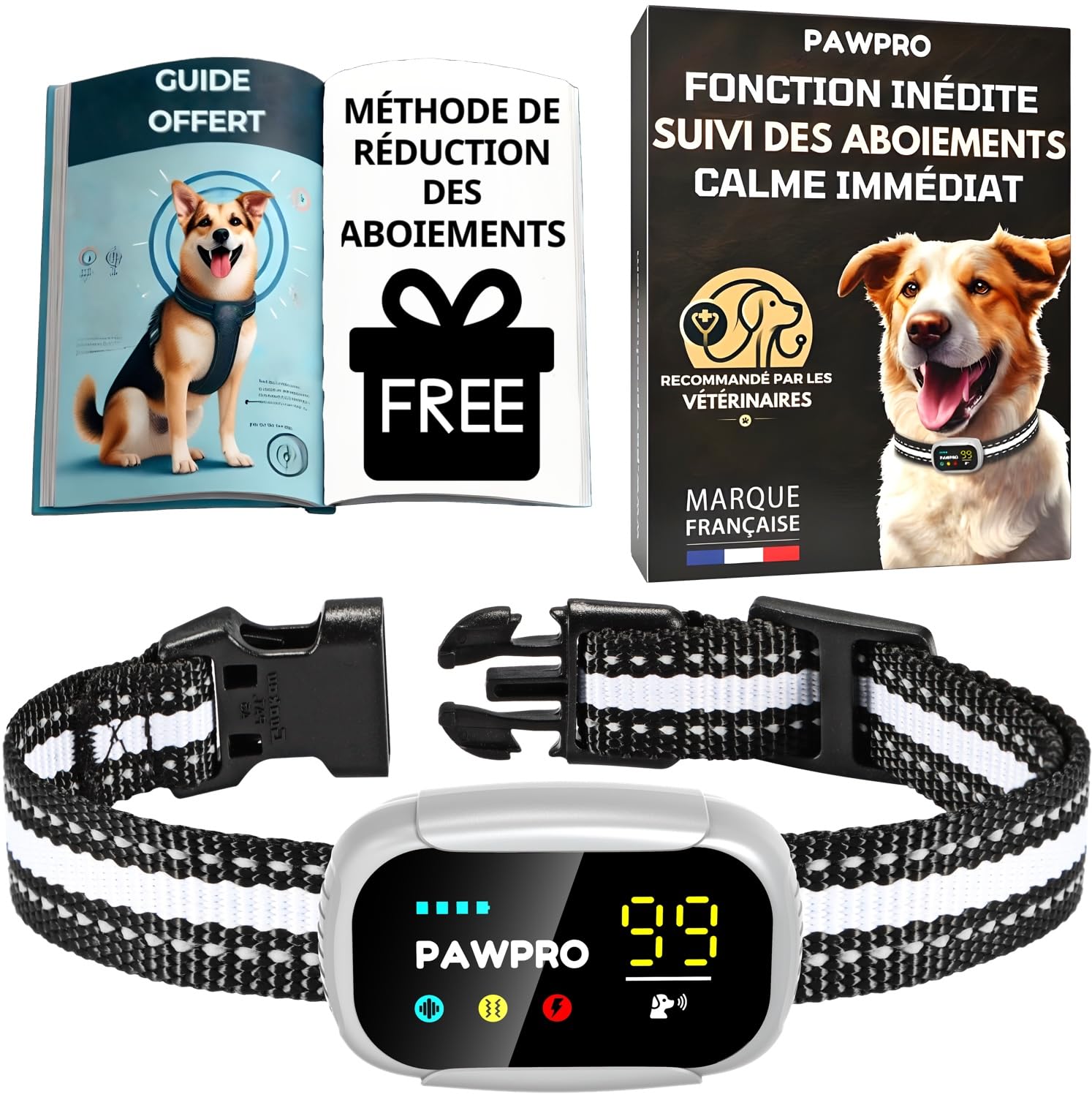 PAWPRO Collier Anti Aboiement pour Chiens, 4 Modes BIP Vibration Choc avec Suivi des Aboiements, Guide de Dressage Inclus, Automatique Rechargeable Étanche, Adapté à Tous Les Chiens, Marque Française