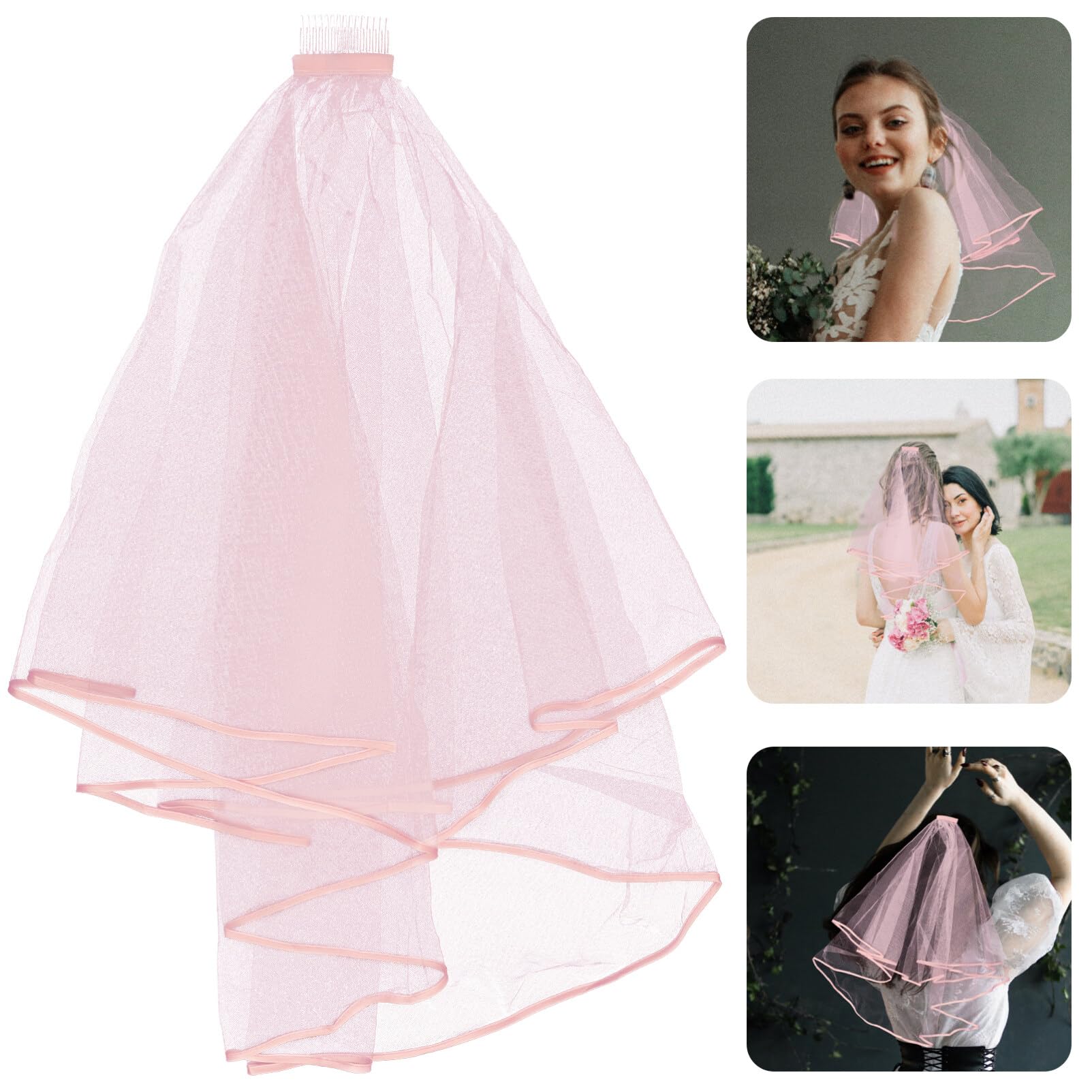 Wedding Bridal Veil Pink Fingertip Length Short Tulle Veils Ribbon