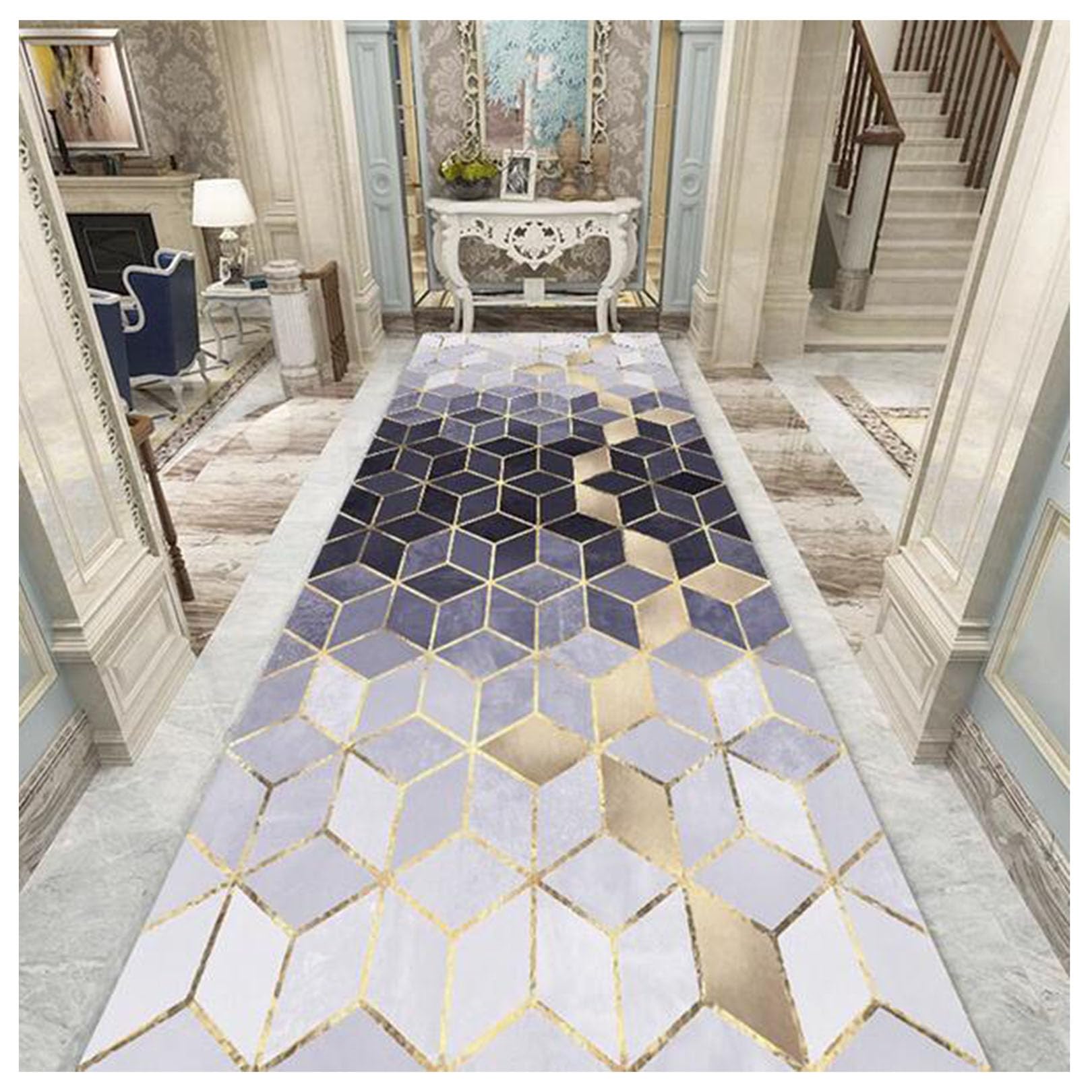 Tapis de couloir géométrique bleu 0.6x4m antidérapant long