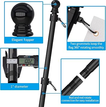 ZMTECH Flag Pole Kit, 6FT Wall Mounted Flagpole with Bracket for Wall, Stainless Steel Tangle Free Flag Pole Holder for House(Without Flag, Set of 2, Black)