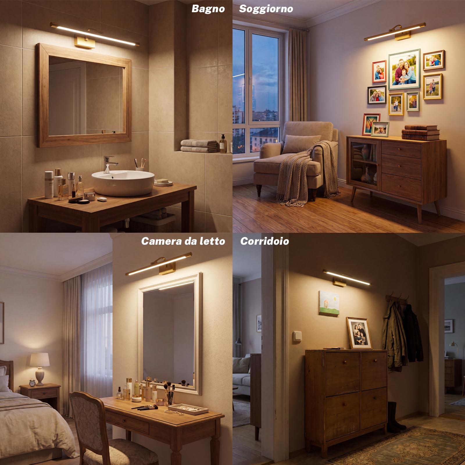 LED Luce per Specchio da Bagno Lampada per Specchio da Bagno, 3 Temperature di Colore Applique da Parete sopra lo Specchio, 60cm 12W IP44 630 Lumen, Oro Moderna Illuminazione Specchio Parete Lampada