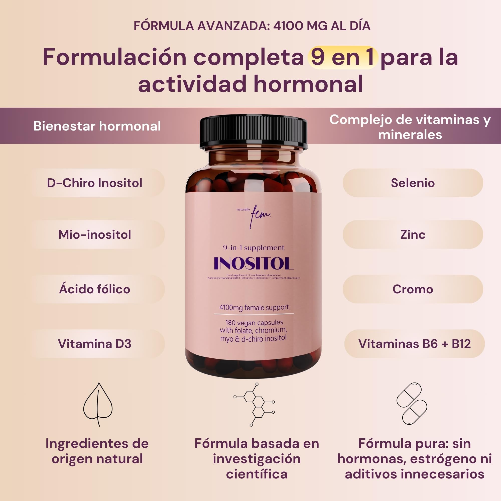 Inositol Myo and D-Chiro PCOS 4100MG – Función Metabólica, Equilibrio Hormonal y Bienestar Psicológico – 9 en 1 con Folato 5-MTHF, Cromo, Zinc, Vitamina B6, B12 y D3, Myo Inositol