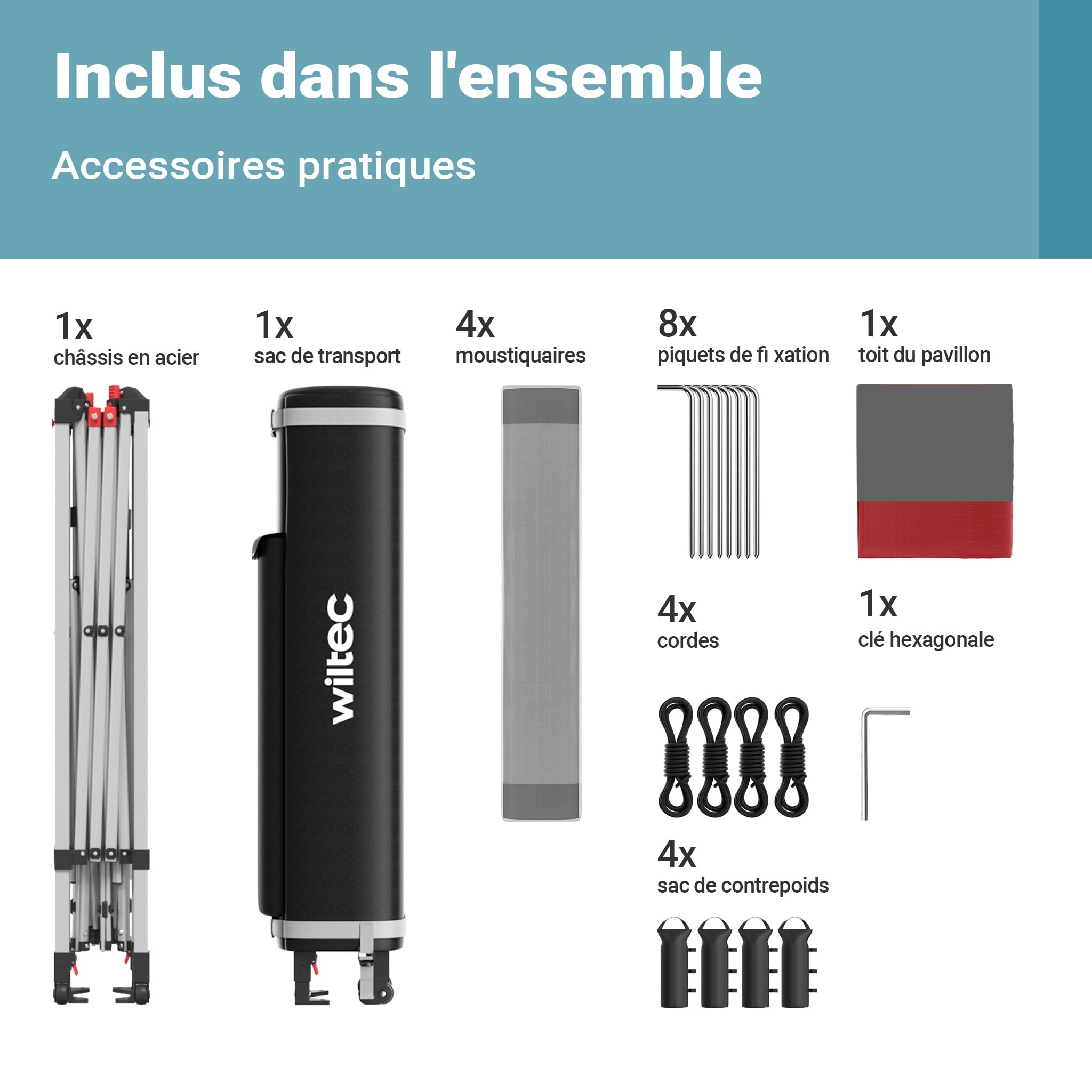 Wiltec Pavillon de réception Pliante – 3,92 x 3,92 x 2,87 m – Couleur Gris-Rouge – avec Protection Anti-moustiques Sac et Roues – Tente Tonnelle de Jardin Fête Camping