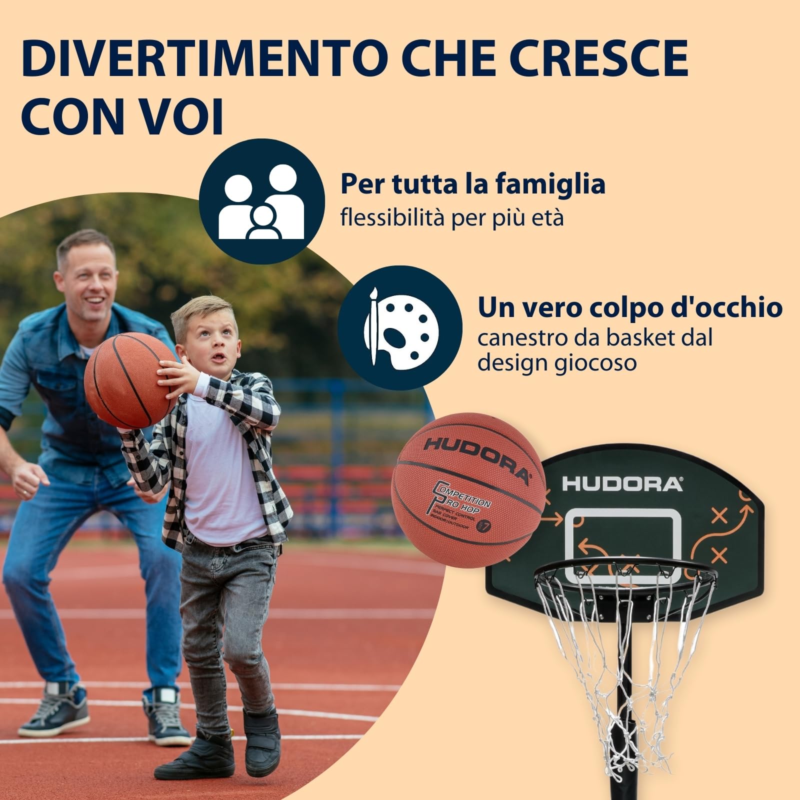 HUDORA Canestro da Basket Playoff 205 - Canestro da Basket con Supporto Regolabile per Bambini e Ragazzi - Canestro Mobile da Esterno per Giardino - Canestro da Basket con Supporto e Ruote