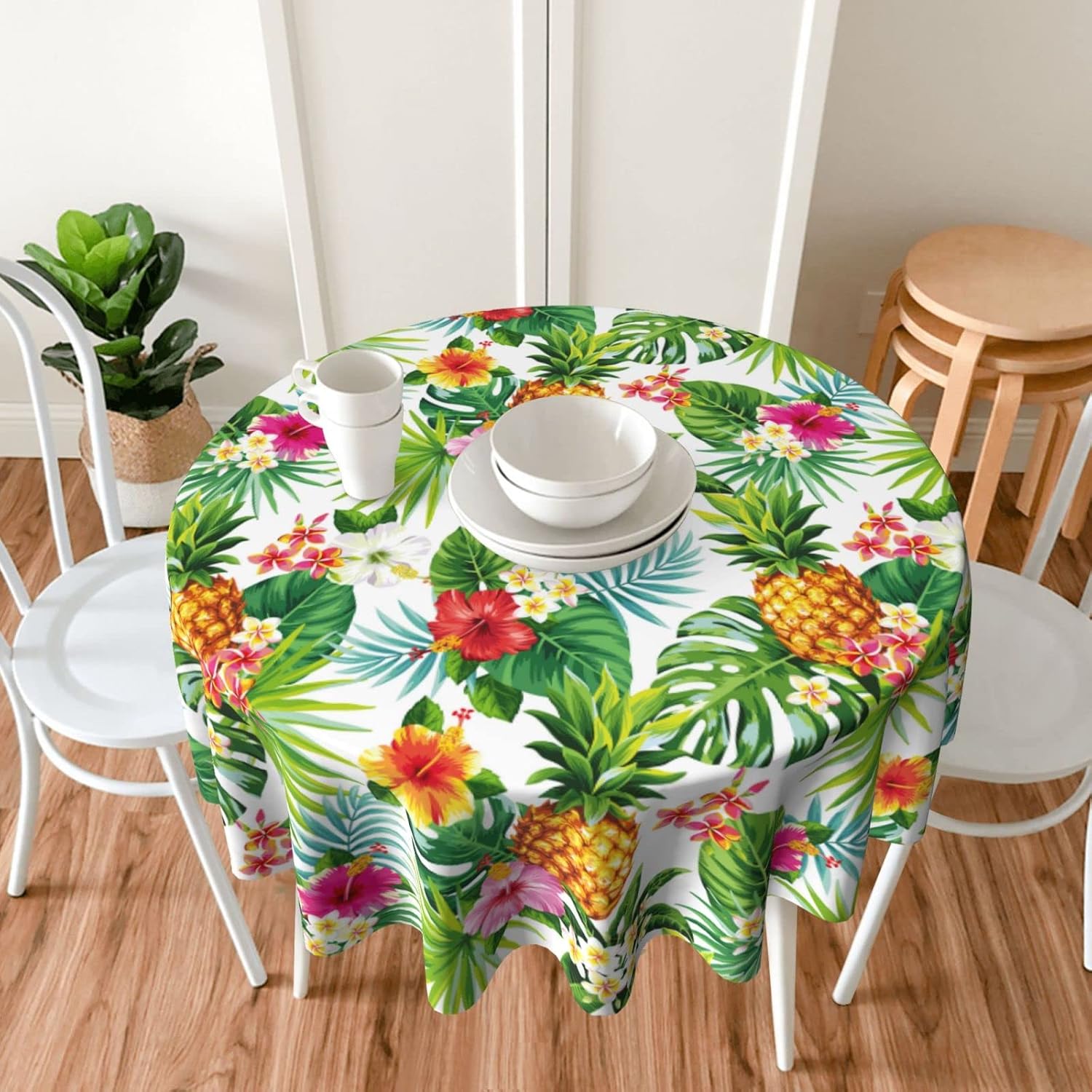 Hawaiian Tropical Flower Round Tablecloth Washable Reusable Decoration Table Cover for Kitchen Party 60 Inch