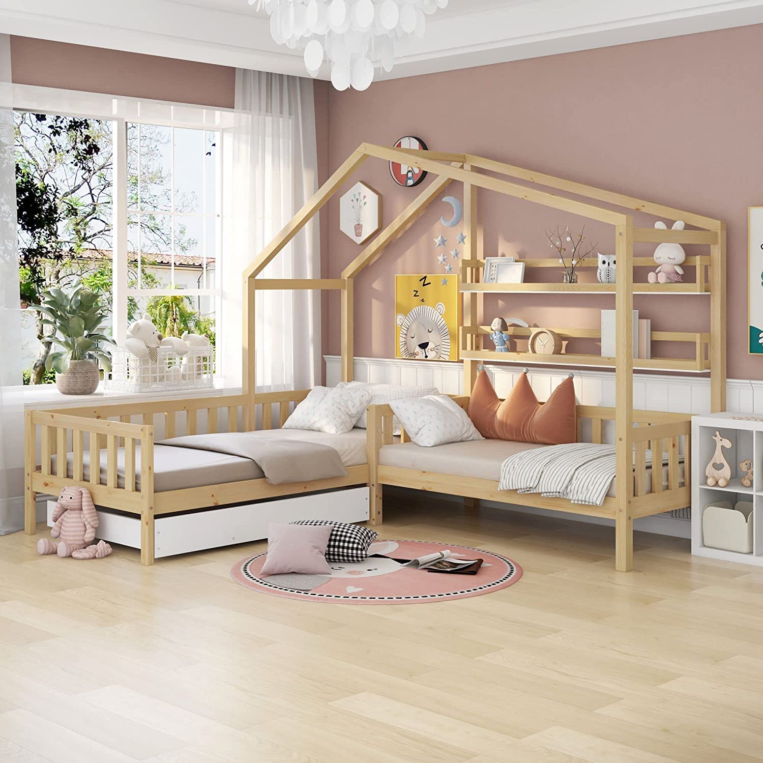 Lit Cabane Superposé Enfant 90x200 Cm - 2 Places, échelle, Protection Anti-chute - En Bois, Blanc, Rose Ou Naturel - 7
