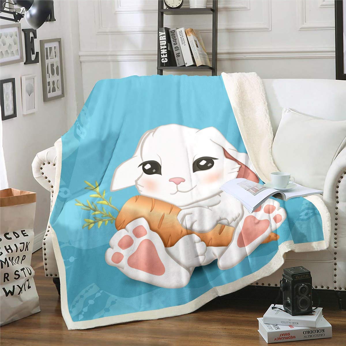 Rabbit Print Sherpa Throw Blanket Cute Cartoon White Bunny Fleece Blanket Lovely Animal Pattern Plush Blanket for Bed Sofa Toddler Blue Background Fuzzy Blanket Room Decor Single 50"x60"