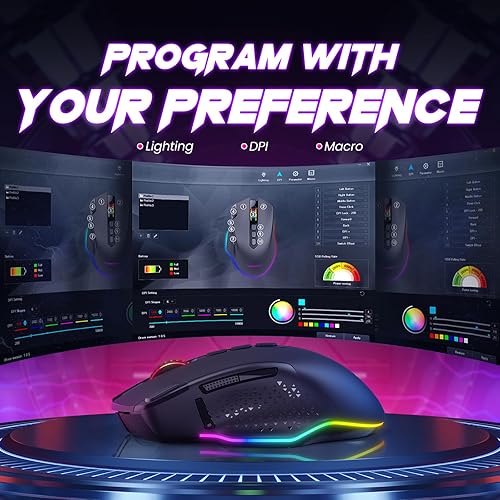 Miniatura 3 de WEEMSBOX Ratón inalámbrico para juegos, mouse ergonómico recargable RGB para PC, con 9 efectos de iluminación RGB de hasta 10000 DPI, 10 botones