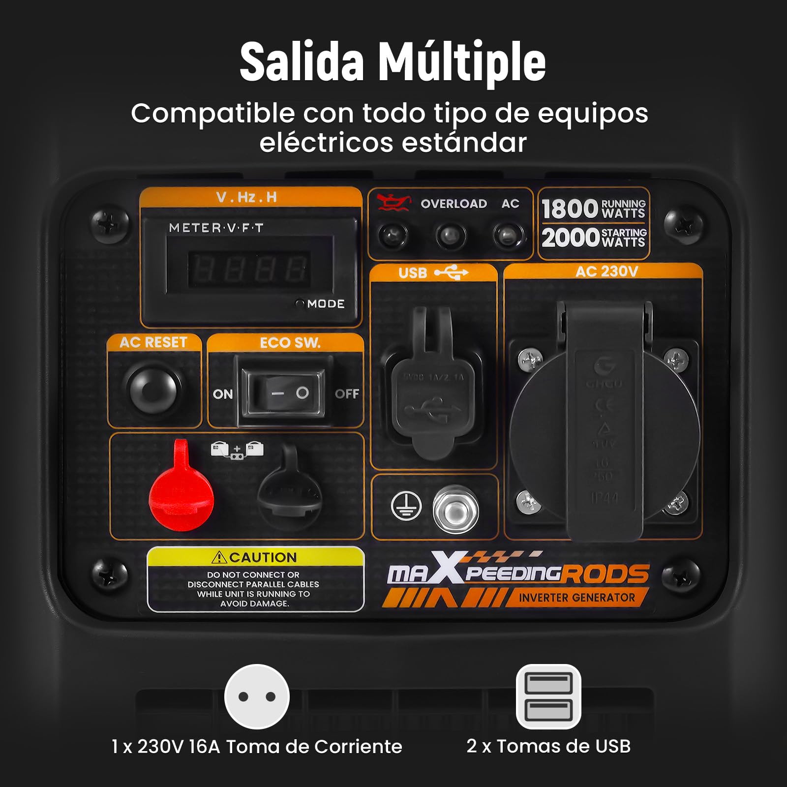 maXpeedingrods Generador Electrico Gasolina 2000W Generador Inverter Portátil con USB y Tomas de 230V, Pantalla Digital, Compacta y Ligera, para Camping Autocaravan