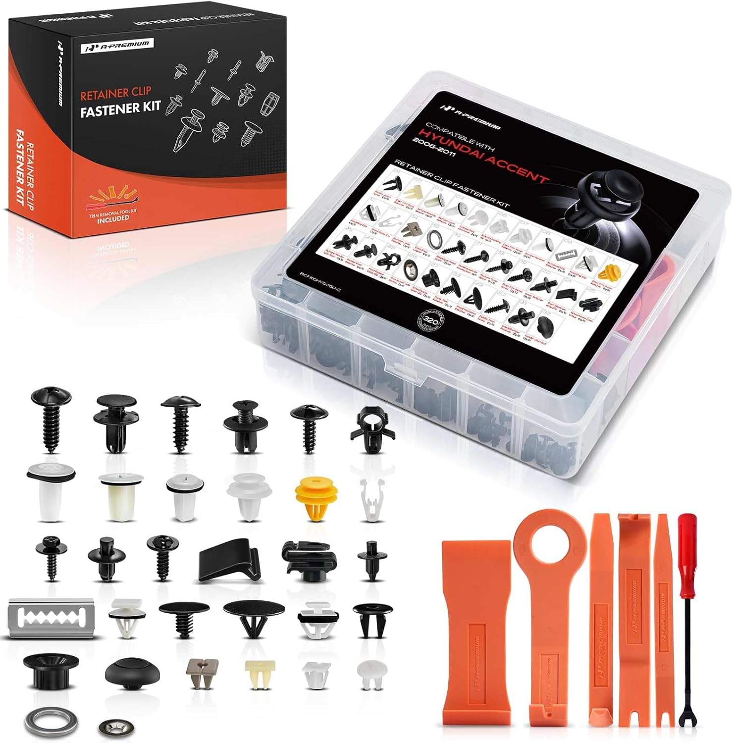 A-Premium 320 PCS 32 Sizes Car Retainer Clip Kit Compatible with Hyundai Accent 2006-2011 Fender Liner Push Sizes Auto Push Pin Plastic Rivet Fastener Replacement Set, w/Removal Tool