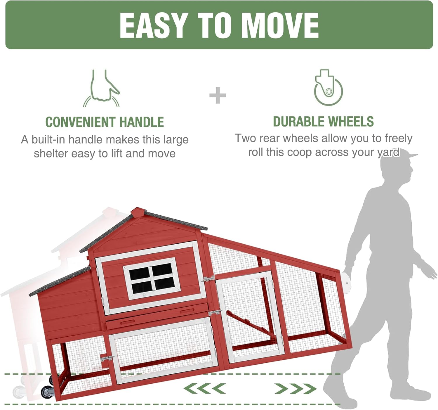 Chicken Coop with Wheels,Outdoor Hen House with Waterproof Asphalt Roof, Wooden Poultry Enclosure with Easy-Clean Slide-Out Tray,Poultry Cage with Nesting Boxes for Duck Rabbit Chicken(Red)