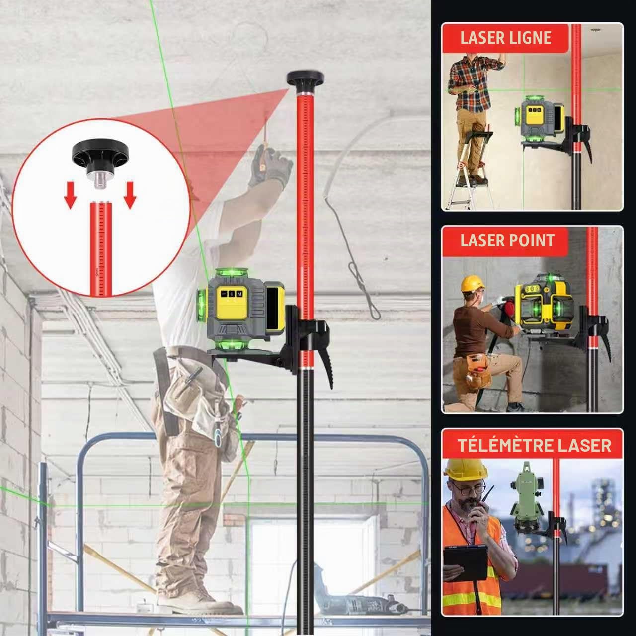 Poteau télescopique avec trépied, 12 pi/3,7 m Perche de niveau laser réglable, pour Laser Rotatif et Niveau Laser
