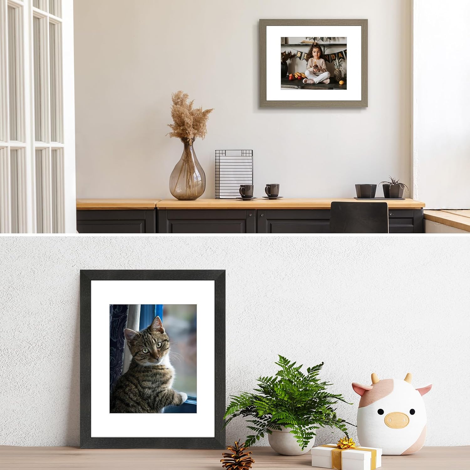 Golden State Art, 11x14 Picture Frame Set of 4 Farmhouse Wood Pattern Photo Frames, Display 8x10 Photo with Mat or 11x14 without Mat, Horizontal and Vertical formats for Wall Mounting, Multicolour