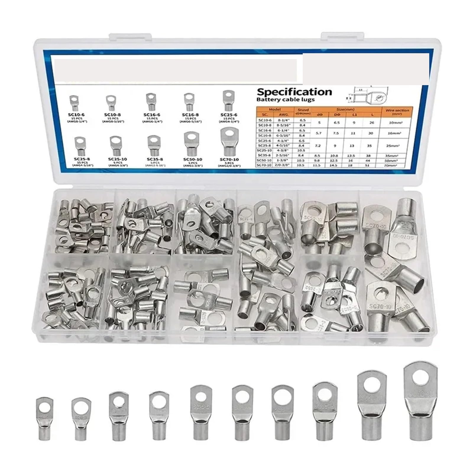 Kit de conectores de crimpado de cable de 110 piezas, terminales de anillo de cobre estañado, conectores soldados, terminales de conector de cable de batería.