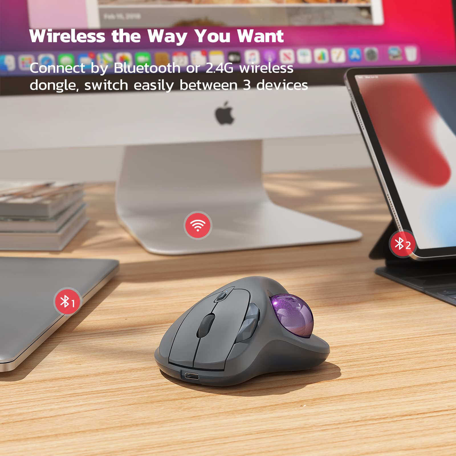 Wireless Trackball Mouse, Rechargeable Ergonomic Mouse, Easy Thumb Control, Precise & Smooth Tracking, 3 Device Connection (Bluetooth or USB), Compatible for PC, Laptop, iPad, Mac, Windows, Android