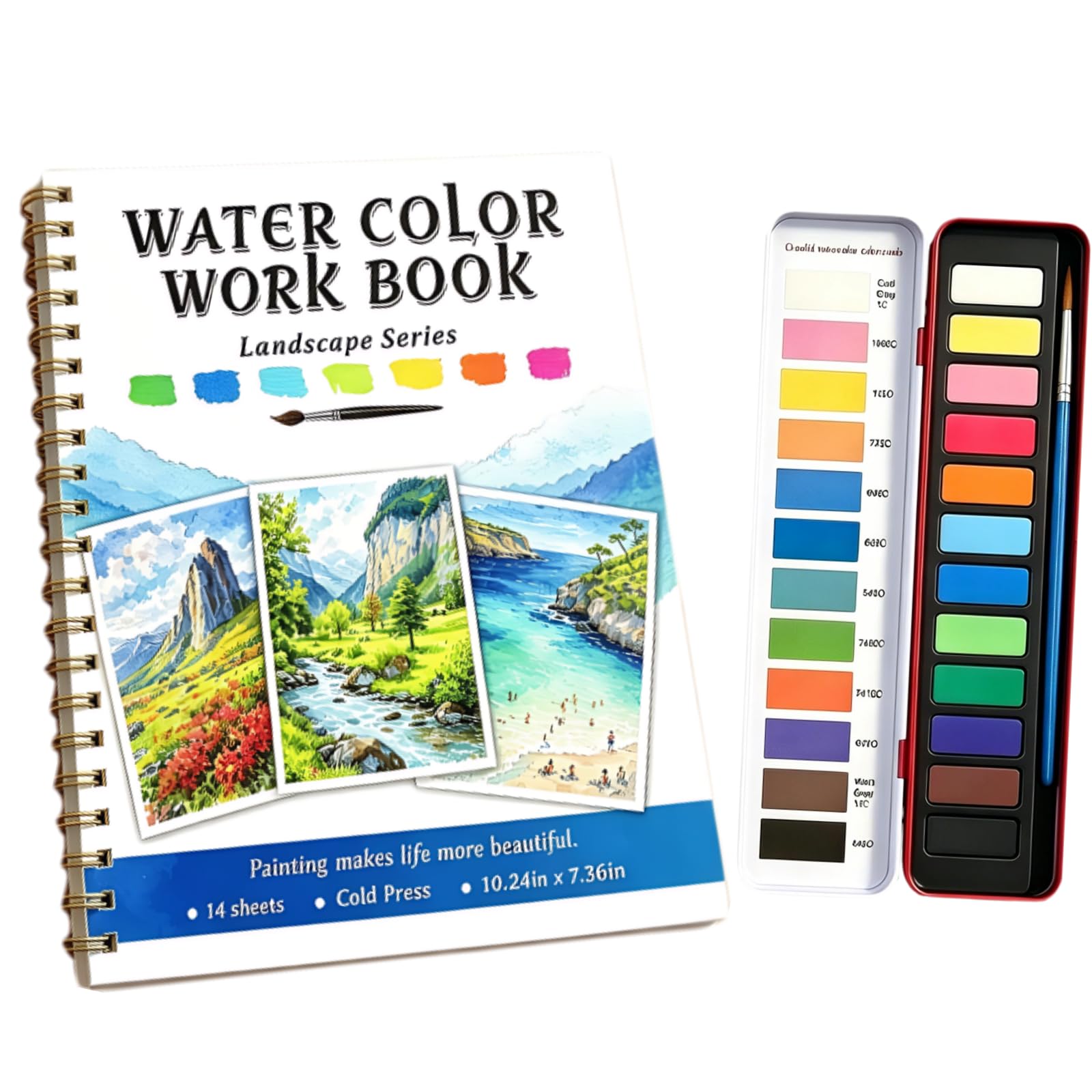 FayinLuna Large Watercolour Art Set for Beginners, 10.24"x7.36" Oversized Workbook with 12 Paints, 14 Pre-Sketched Designs & Step-by-Step Guide for Adults (Landscape)