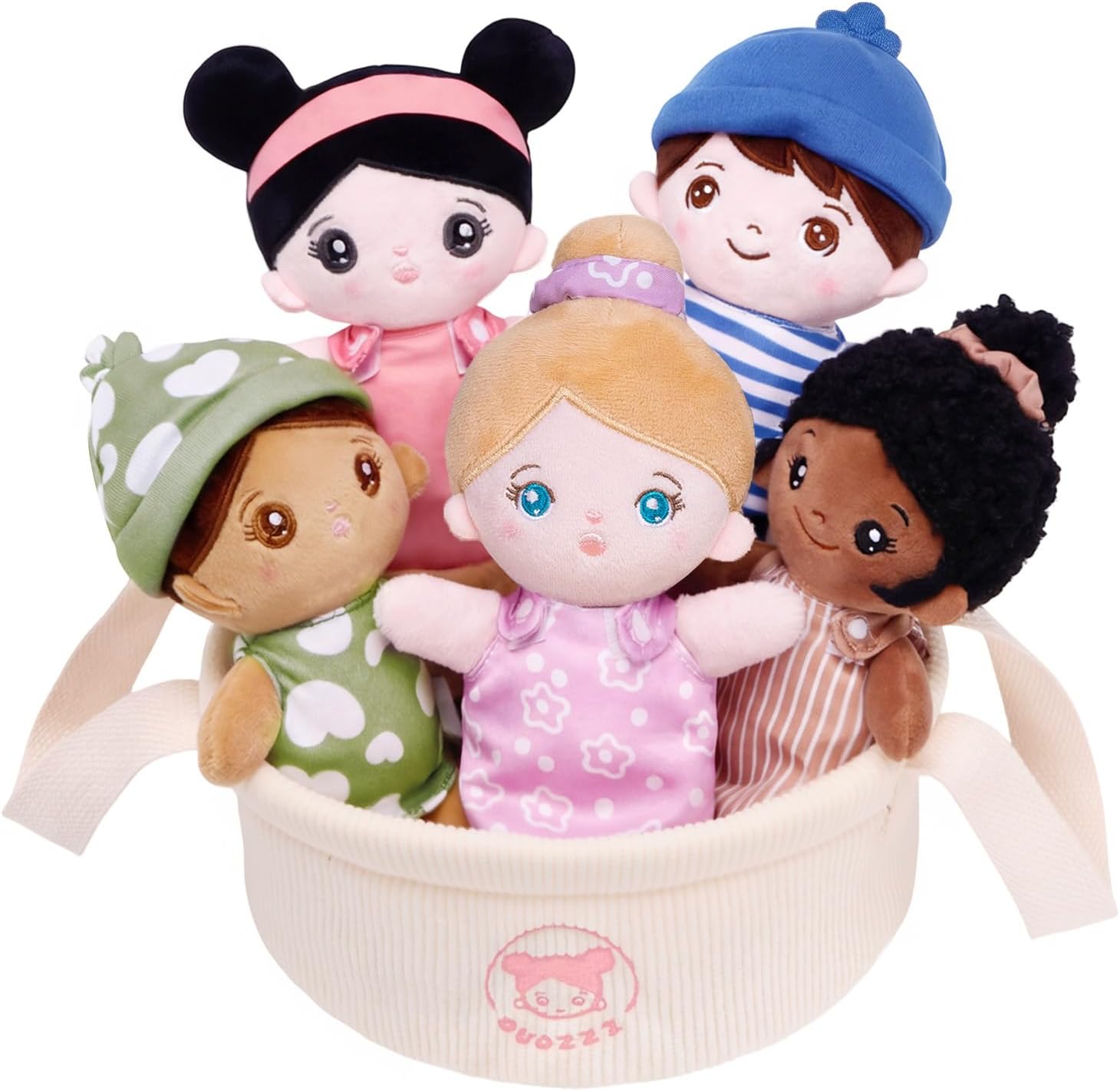 OUOZZZ Soft Baby Dolls – Set of 5 Multicultural 8.8″ Plush Dolls in Basket | Diversity Ethnic Snuggle Toys for Toddlers, Preschool, Daycare & Home