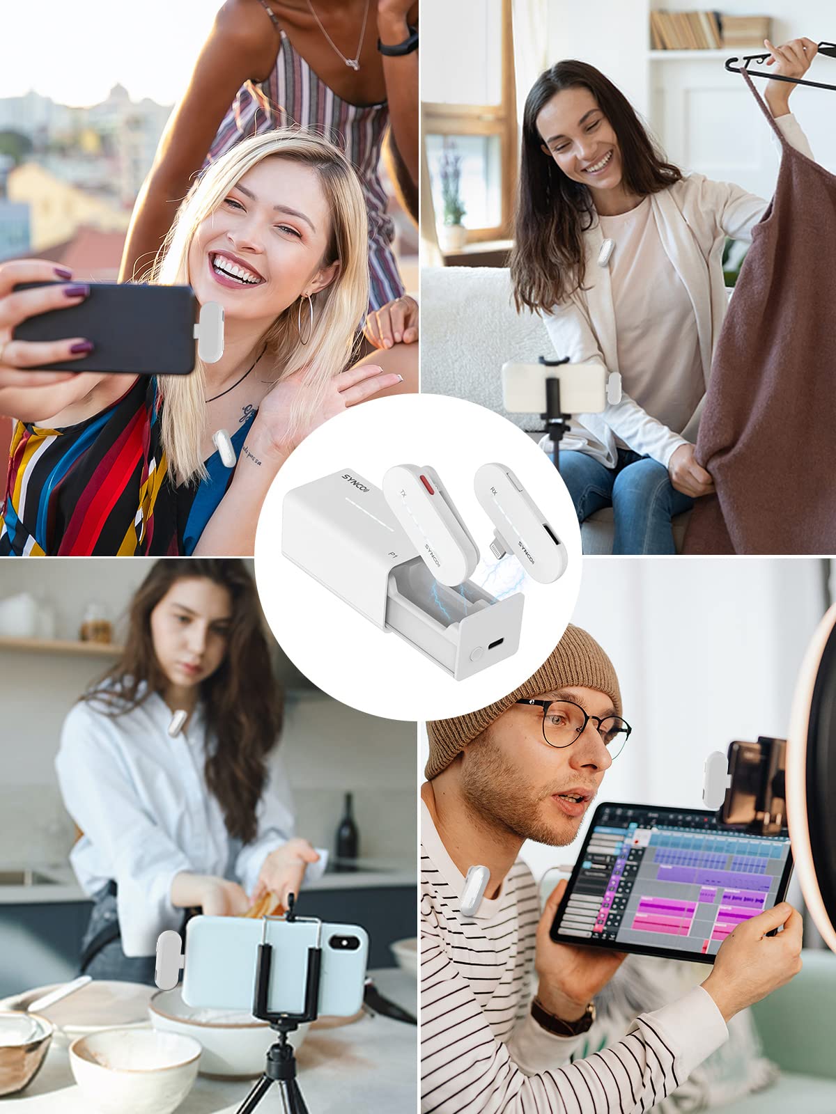 SYNCO P1L 【Certificazione MFi】 di Microfono Lavalier Wireless 2.4Ghz, Custodia di Ricarica Senza Fili per il iphone ipad Vlog Youtube Interviste, Microfono-Lavalier-Wireless-iphone-telefoni cellulari